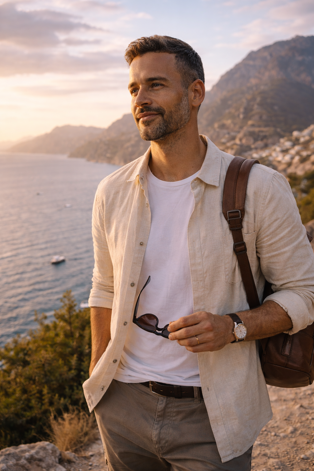A man smiling and holding a black mug while standing near a window with cream-colored curtains, dressed in a beige sweater and pants.