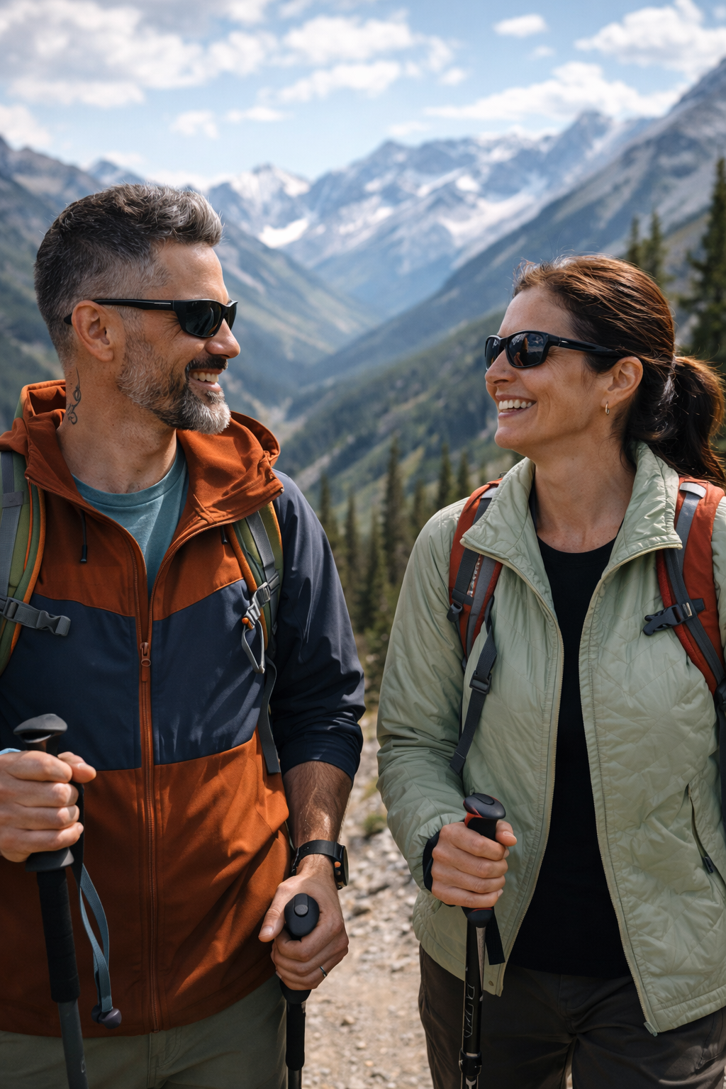 A smiling man and woman wearing outdoor hiking gear, walking sticks, and sunglasses, enjoying each other's company in a mountain landscape with snow-capped peaks and trees.