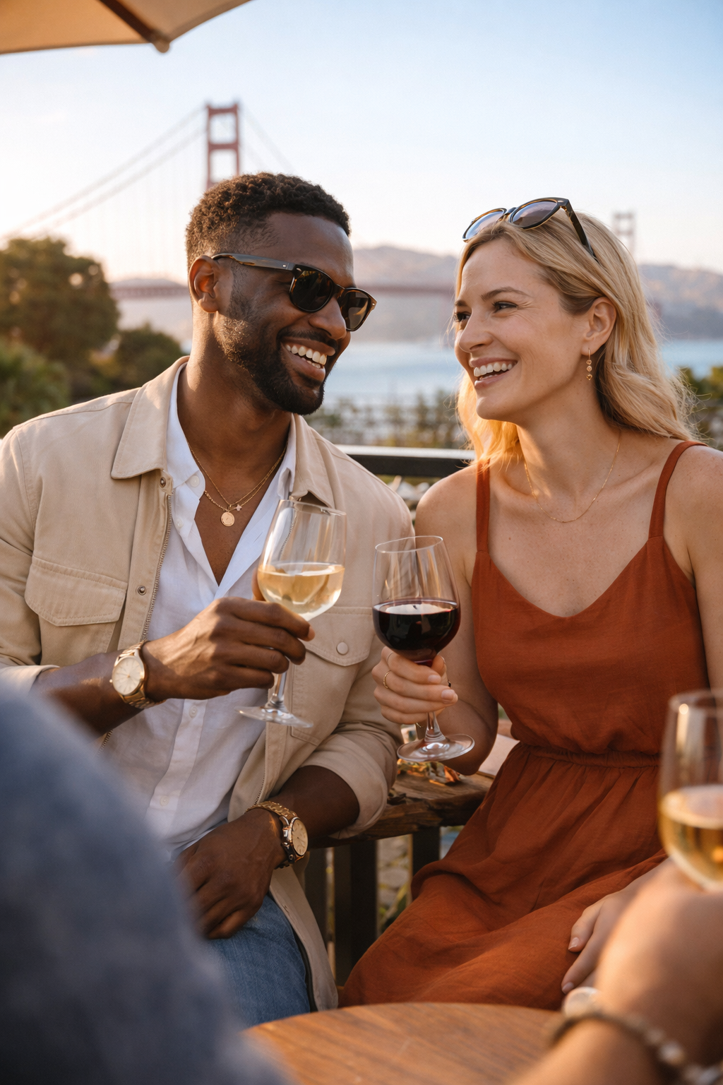 A man and woman smiling and holding glasses of white wine and red wine at an outdoor gathering with a view of the Golden Gate Bridge in the background.
