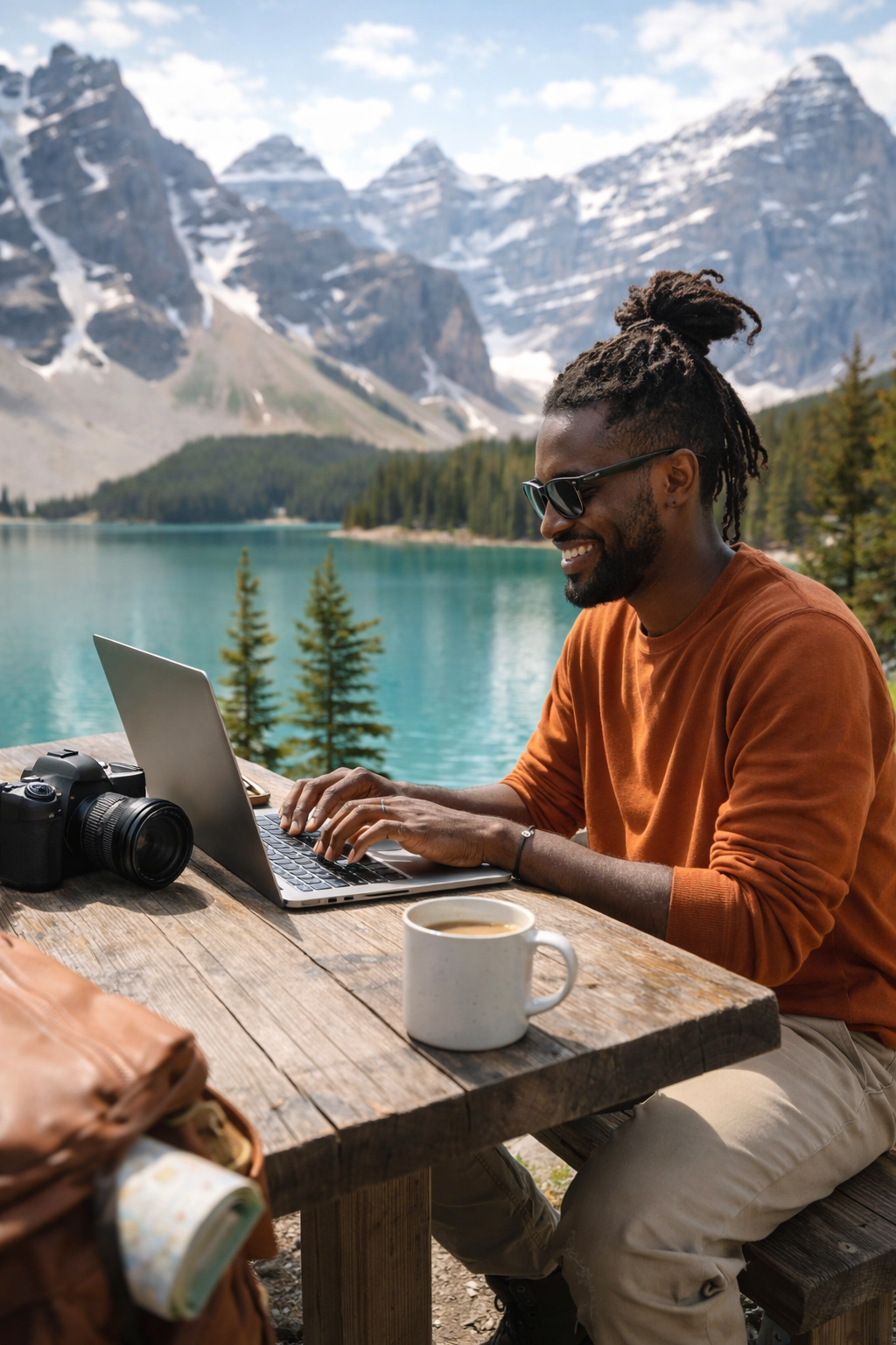 A man with dreadlocks, sunglasses, and a brown shirt working on a laptop at an outdoor wooden table in front of a mountain lake with snow-capped peaks and pine trees.