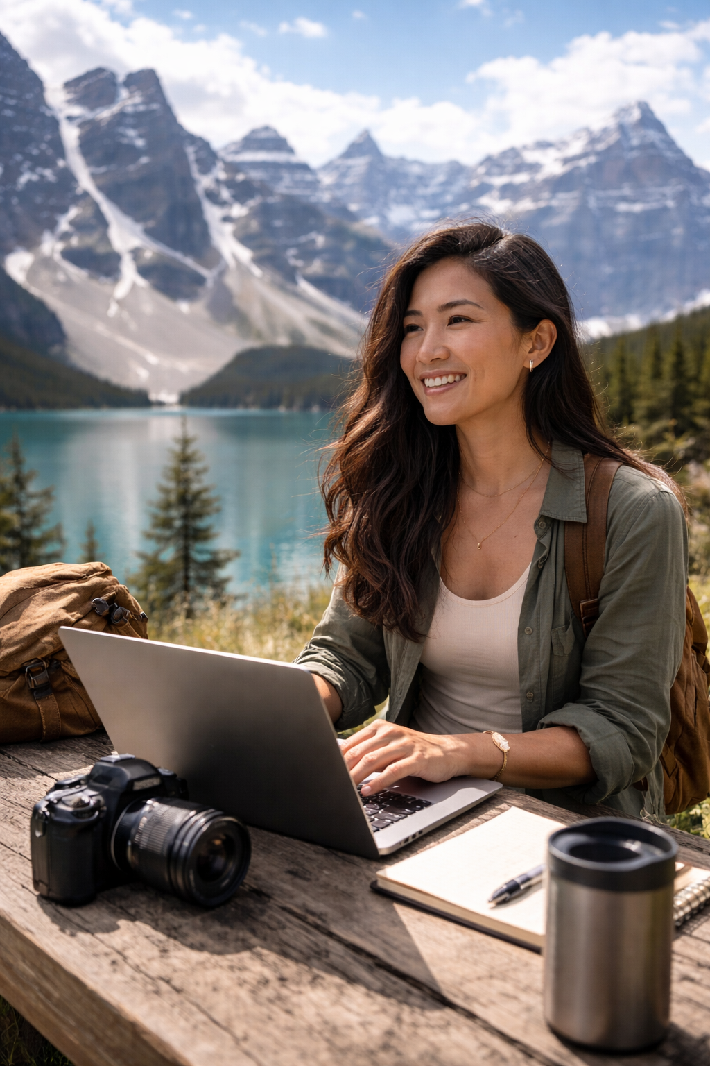 A woman in a black dress with a tan backpack walking barefoot on a sandy beach with palm trees and ocean in the background.