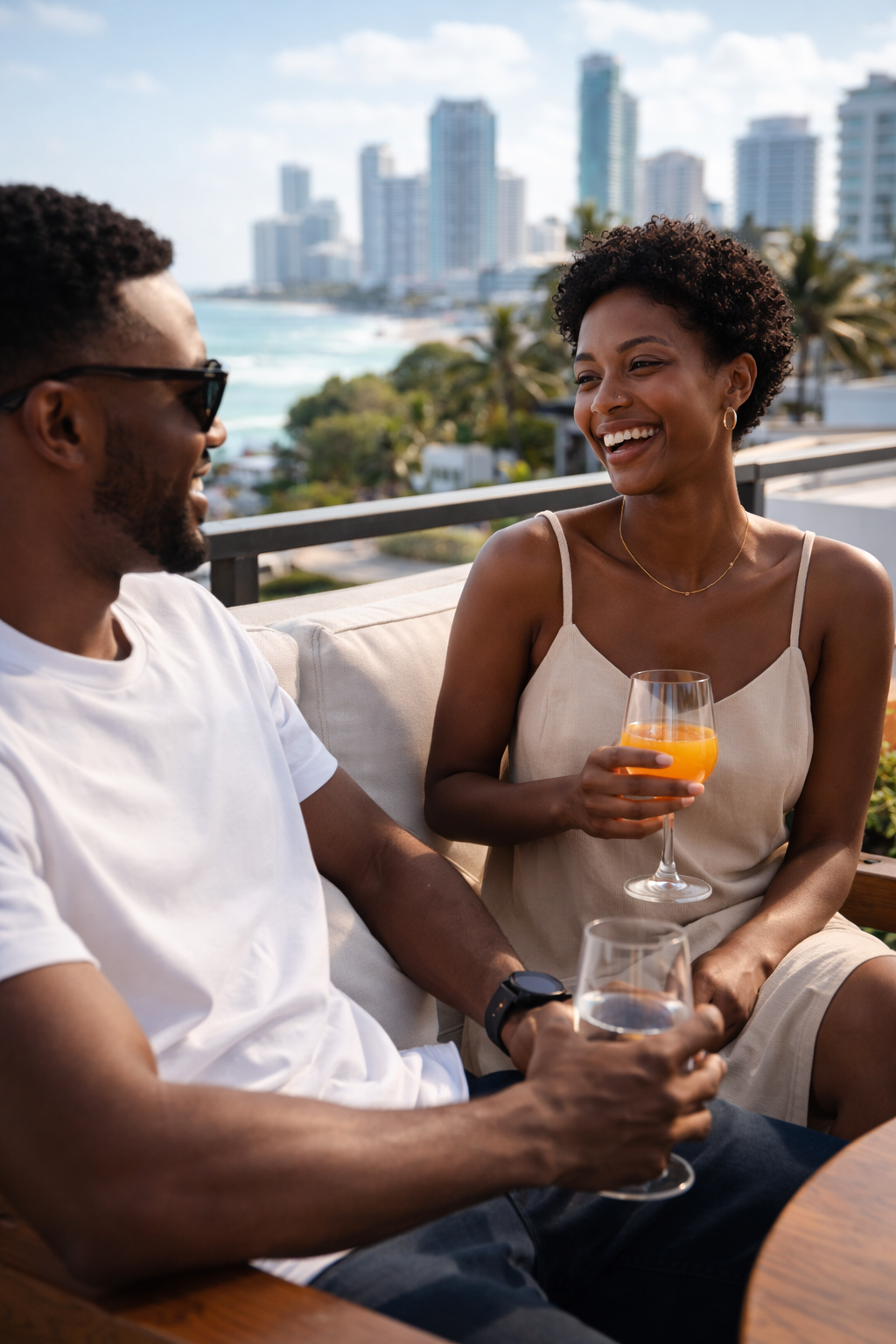 A man and woman sitting outdoors on a terrace, smiling and talking, with a city skyline, palm trees, and the ocean in the background. The woman is holding a glass of orange drink, while the man holds a glass of water.