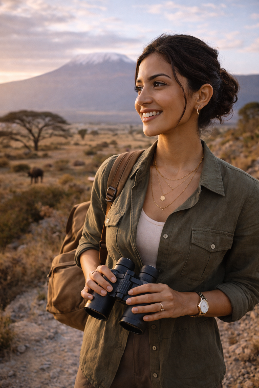Woman walking in a desert landscape, wearing a beanie, jacket, and backpack.