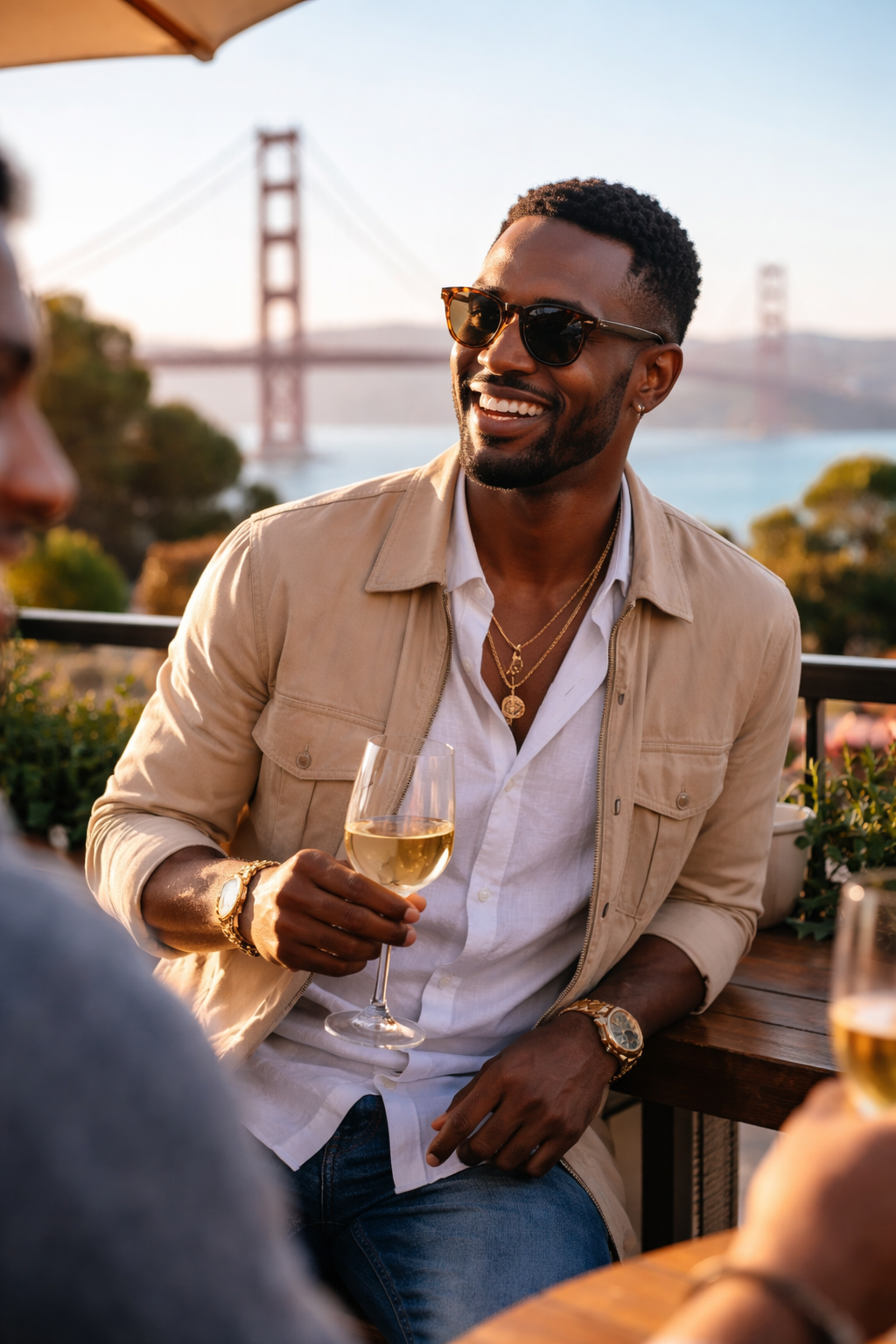 A woman in a red dress and sunglasses walking past a shop with straw hats and woven baskets on display, holding a basket with a pineapple and other fruit, on a sunny street.