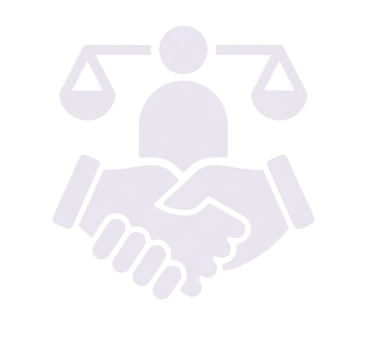 An icon of a person with balance scales above and a handshake below, representing justice or legal services.