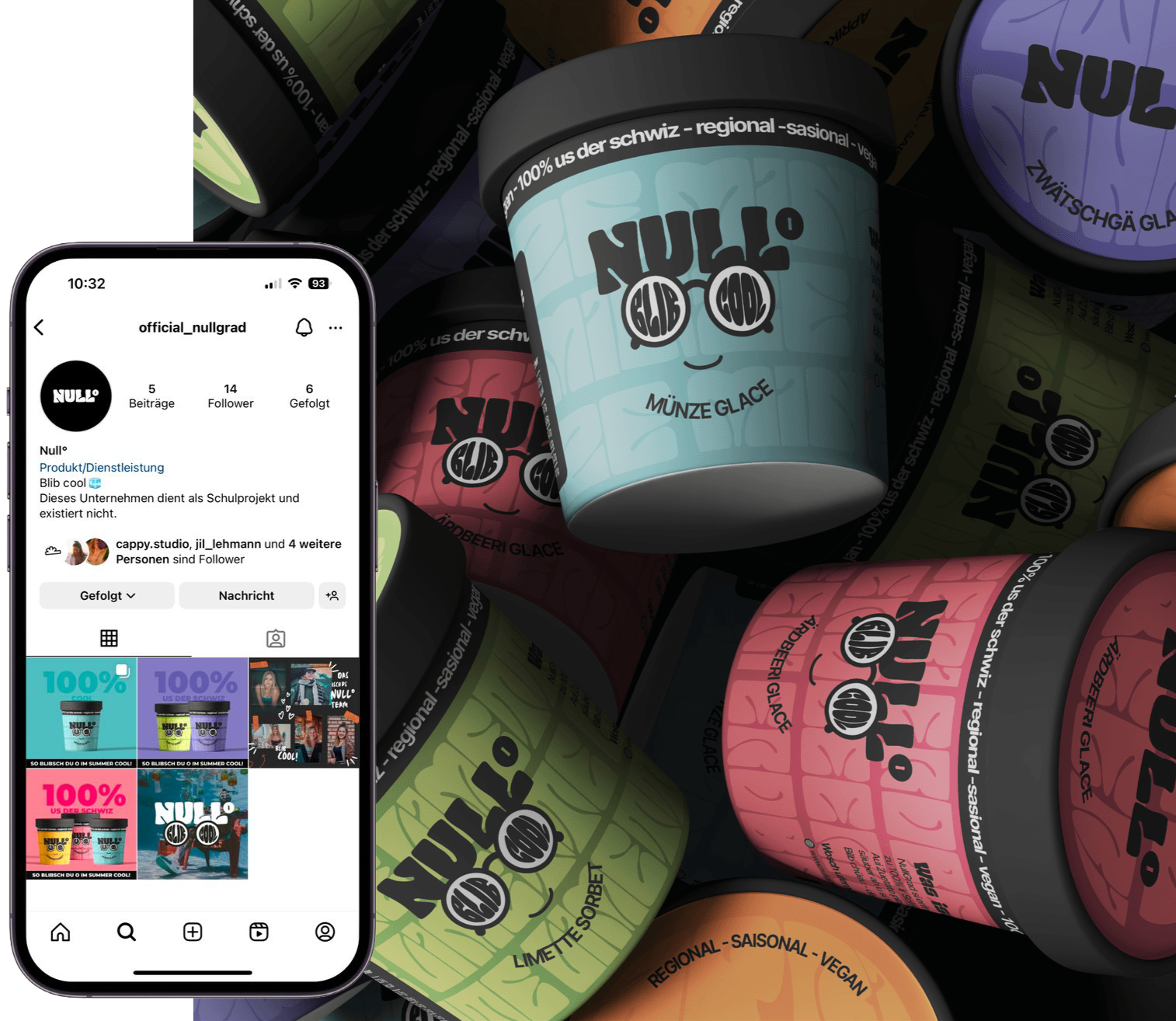 Collage aus mehreren bunten Glace-Containern, darunter Blau, Pink, Grün, Orange, mit Null° Logo und verschiedenen Geschmacksbezeichnungen. Im Vordergrund eine Smartphone-Anzeige eines Instagram-Profils mit Null° Logo, Follow-Button, Beiträgen und Bildern der Glace-Produkte.