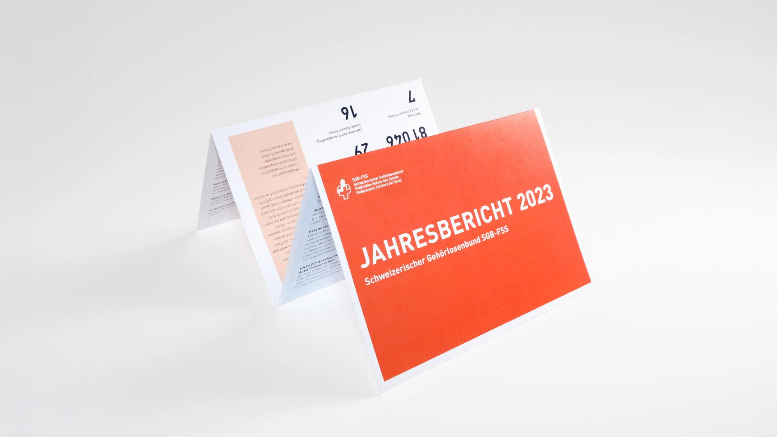 Vogelticket und ein Jahresbericht 2023 des Schweizerischen Gehörlosenbundes SGB-FSS auf weißem Hintergrund.