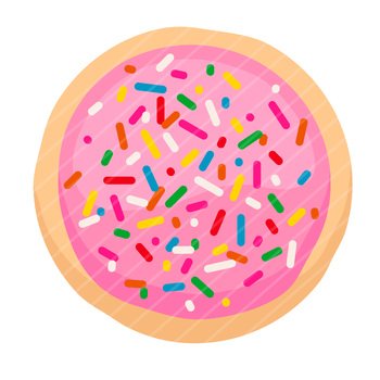 A cartoon-style donut with pink icing and colorful rainbow sprinkles.