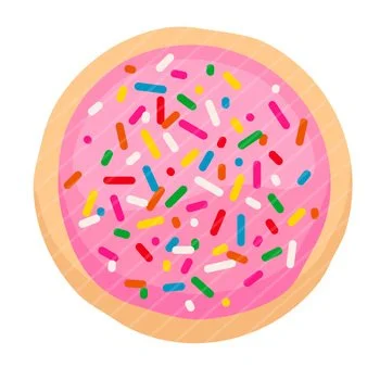 Round cookie with pink icing, colorful sprinkles, and a small red heart in the center.