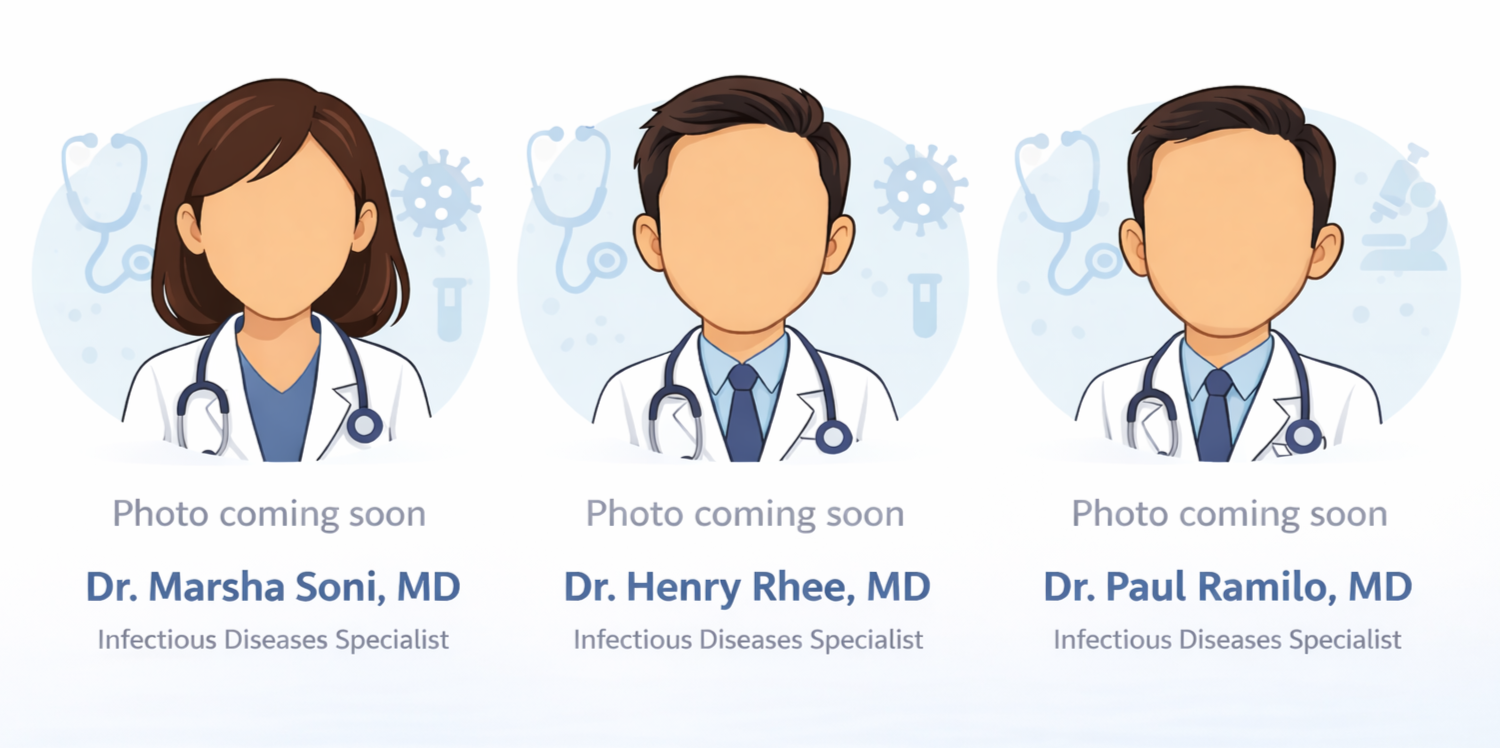 Placeholder images of three doctors with blank faces wearing white coats and stethoscopes, medical icons in the background. Below each is text indicating 'Photo coming soon' and the names and titles: Dr. Marsha Soni, MD, Infectious Diseases Specialist; Dr. Henry Rhee, MD, Infectious Diseases Specialist; Dr. Paul Ramilo, MD, Infectious Diseases Specialist.