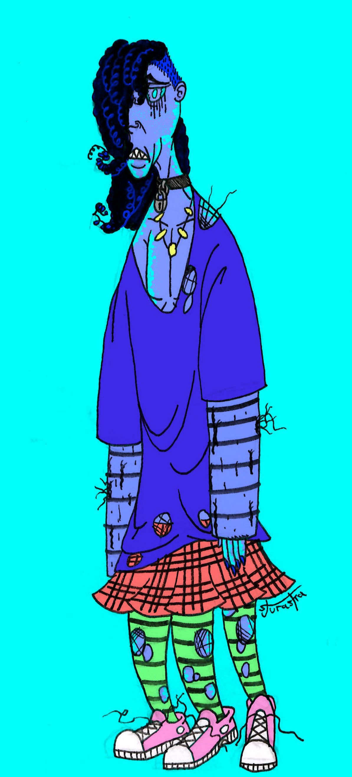A street artist's drawing of a punk character with colorful, torn clothing, striped socks, and jewelry, standing against a teal background.