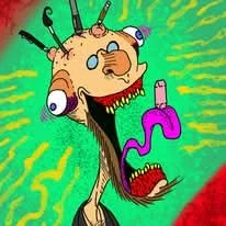 Colorful cartoon drawing of a goofy, smiling character with a long purple tongue, large eyes, and antennae, set against a bright green background.