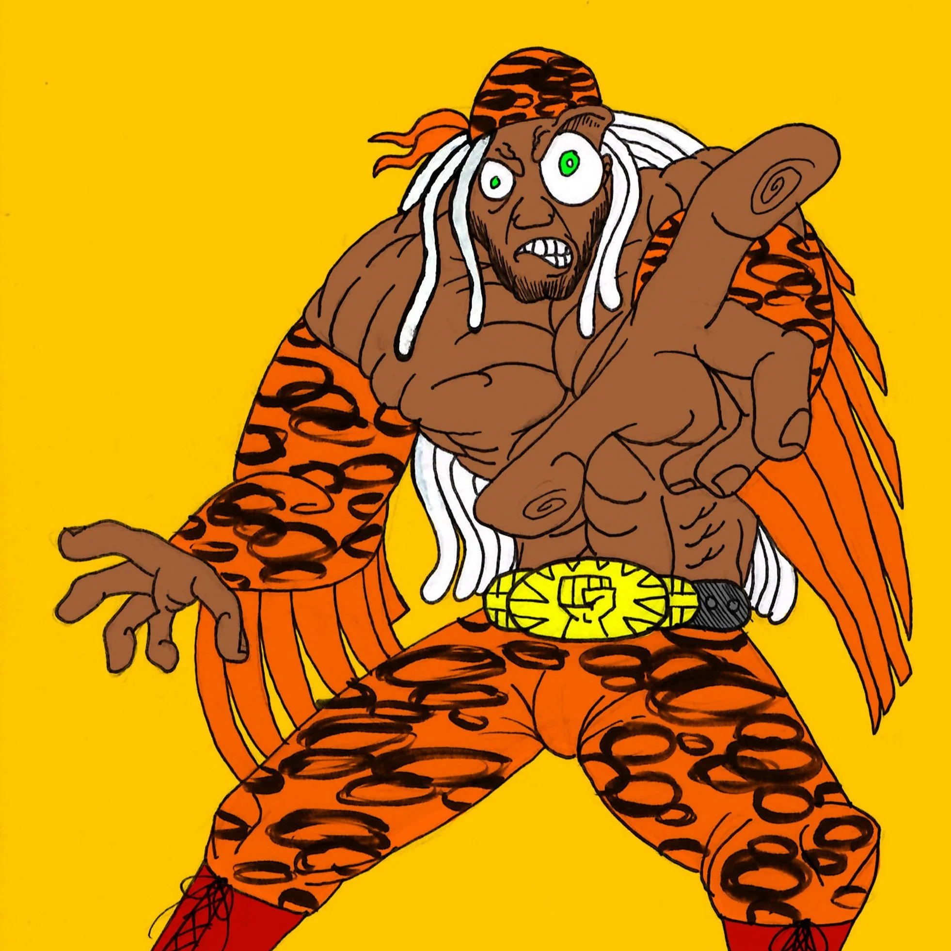 Cartoon character resembling a muscle-bound wrestler in a leopard print outfit, pointing aggressively with long white dreadlocks, a tiger-striped headband, and a yellow belt with a clenched fist symbol, set against a yellow background.