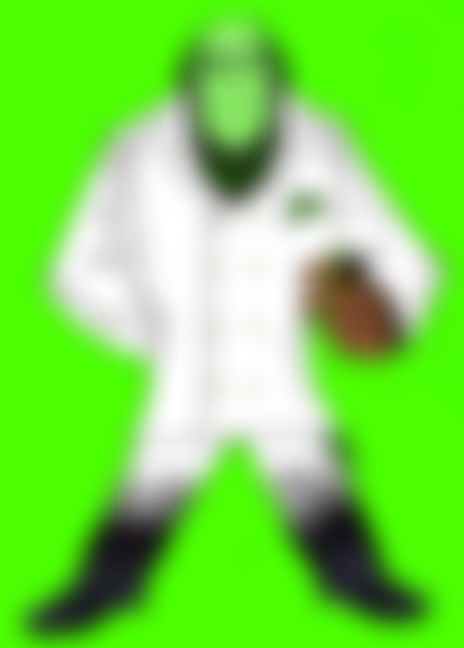 A football player in a white uniform holding a football, standing against a bright green background.