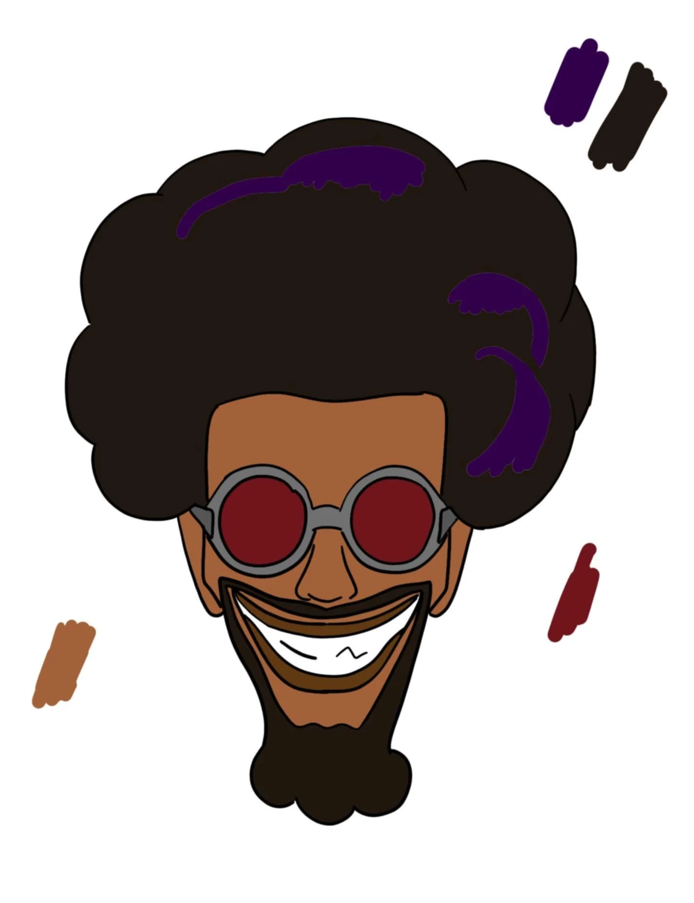 Cartoon of a person with dark skin, wearing large round red sunglasses, smiling with a wide white grin, and having big curly black hair, surrounded by various colored paint swatches.