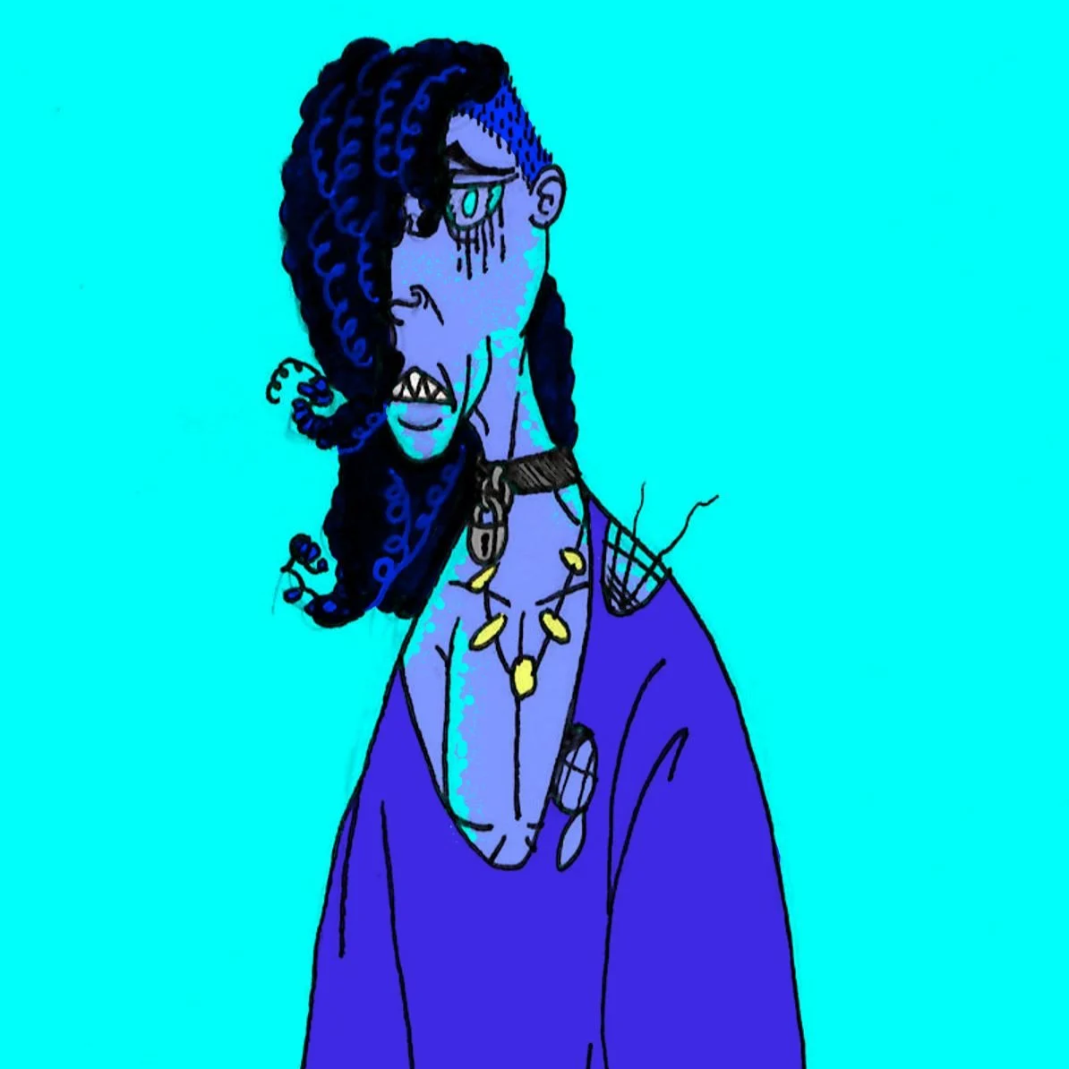 A digital drawing of a person with blue skin, long dreadlocks, wearing a necklace, earrings, and having a chain with a lock.