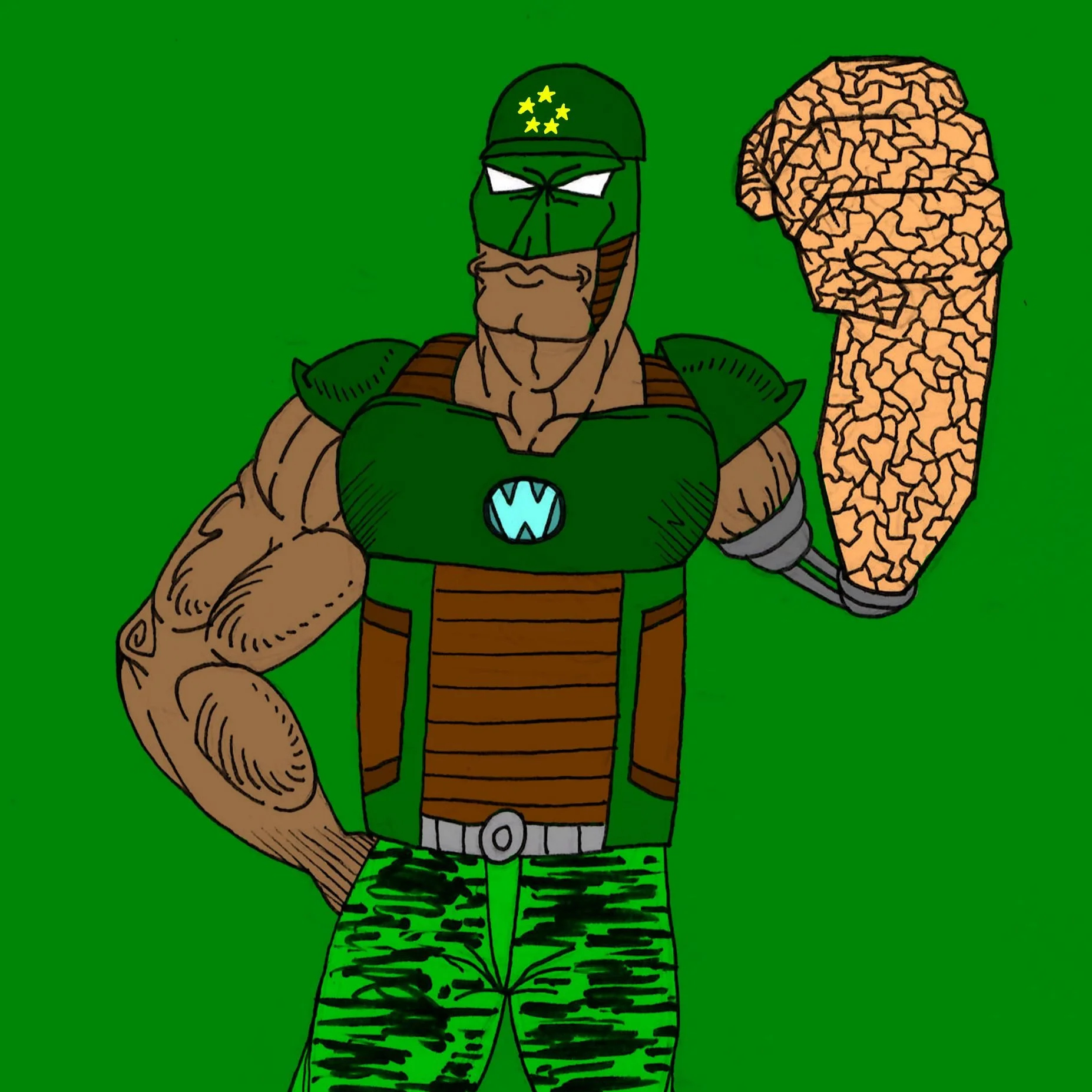 A muscular cartoon character with a green costume, camouflage pants, and a robotic arm, holding up a large brain in a fist, standing against a green background.