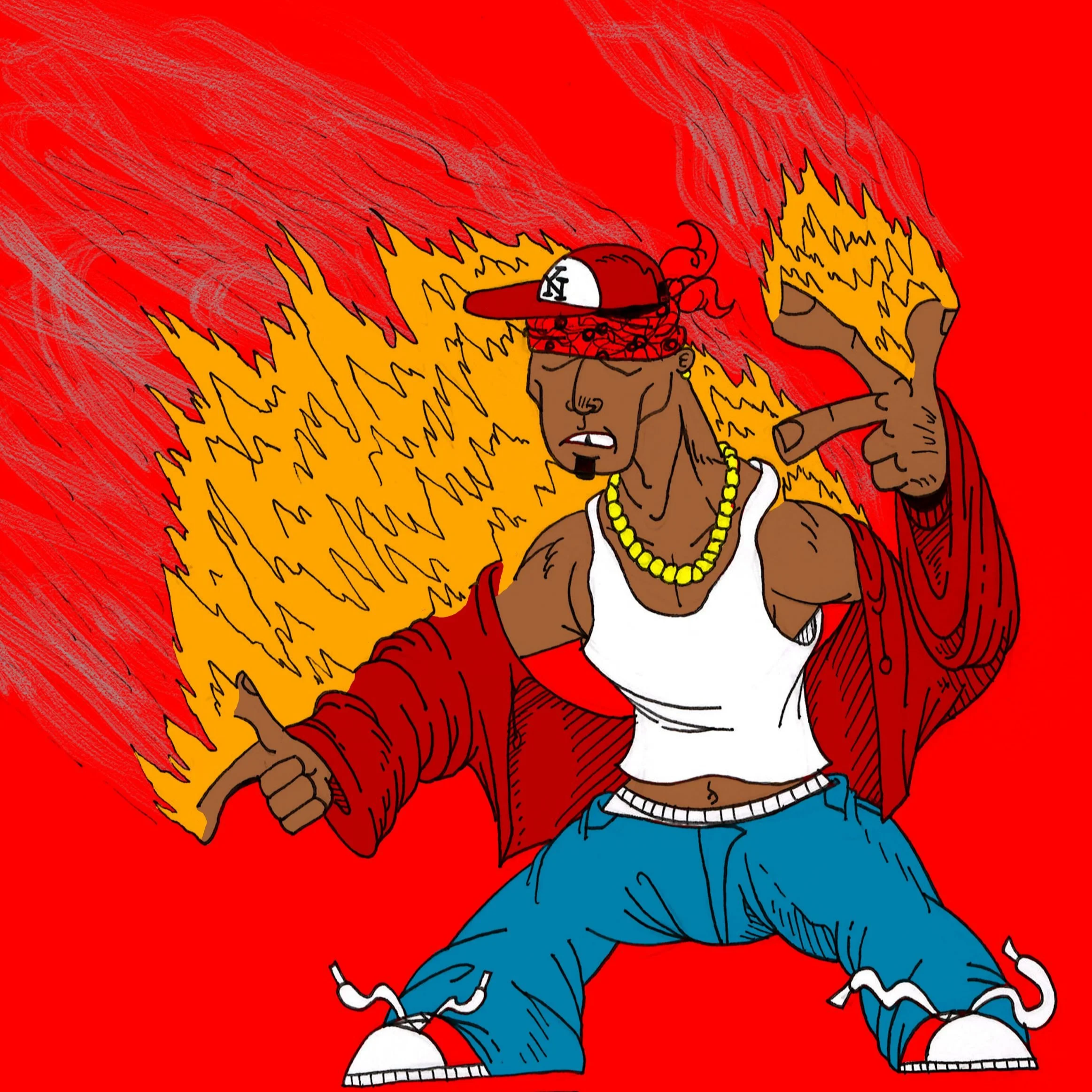 A cartoon character with dark skin, wearing a red cap, red bandana, a yellow necklace, a white tank top, red jacket, baggy blue jeans, and sneakers with red accents, standing against a bright red background with flames and smoke behind him, making a peace sign with his right hand.
