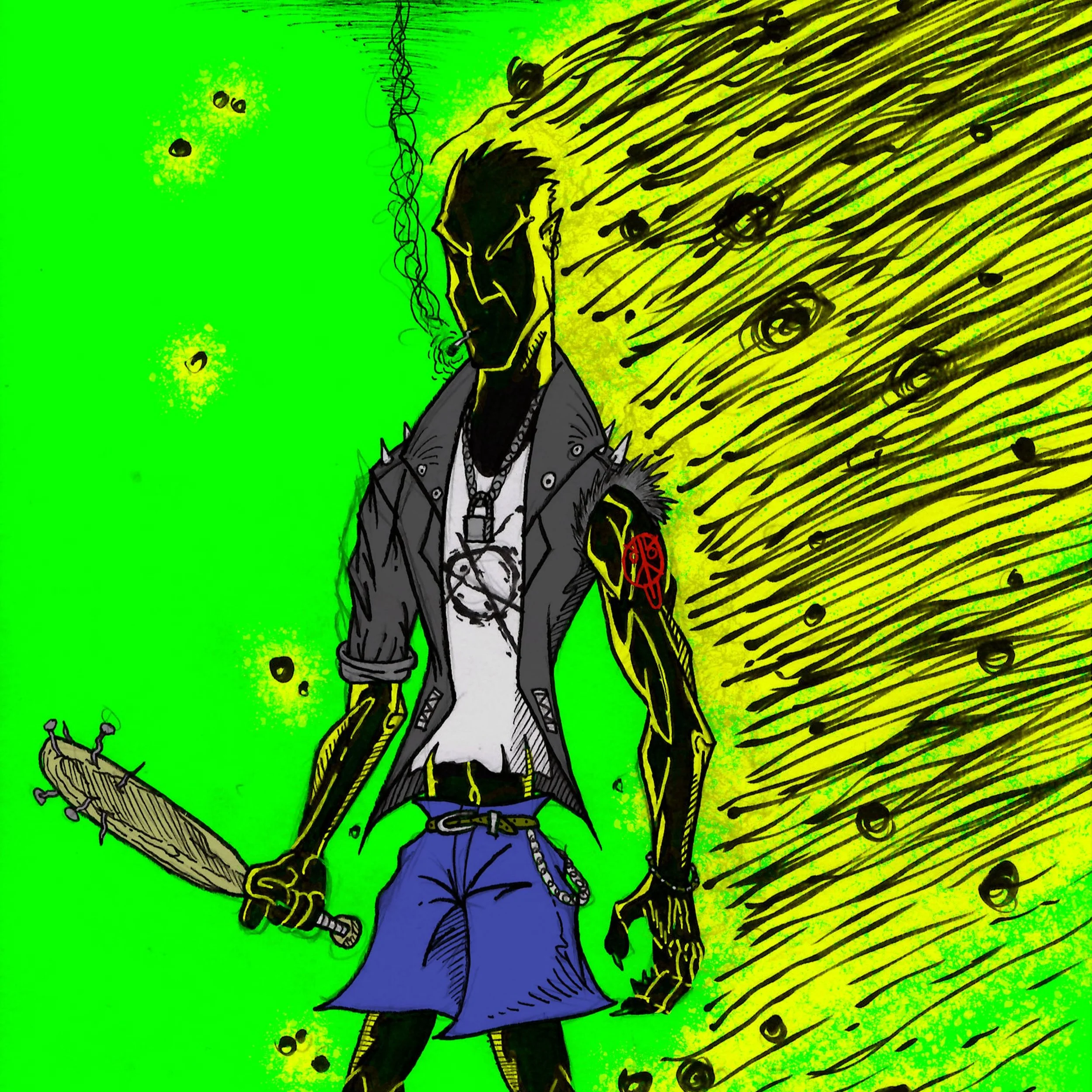 A comic-style illustration of a dark, punk-style character with a black face, spiky hair, and yellow highlights. The character is holding a wooden baseball bat, wearing a leather jacket with spikes, a white T-shirt with a face design, and blue shorts with a chain belt. The background is mainly bright green with chaotic black and yellow lines and orbs, creating an intense, gritty atmosphere.