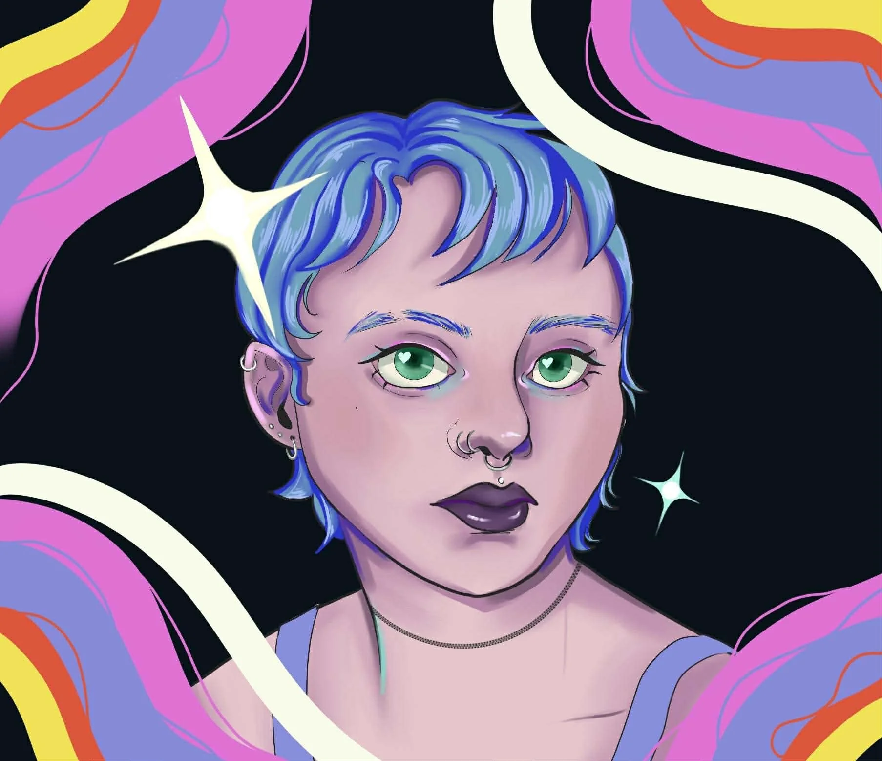 Digital illustration of a young person with short blue hair and green eyes, wearing dark lipstick, earrings, and a choker, with colorful swirling abstract shapes and sparkles in the background.