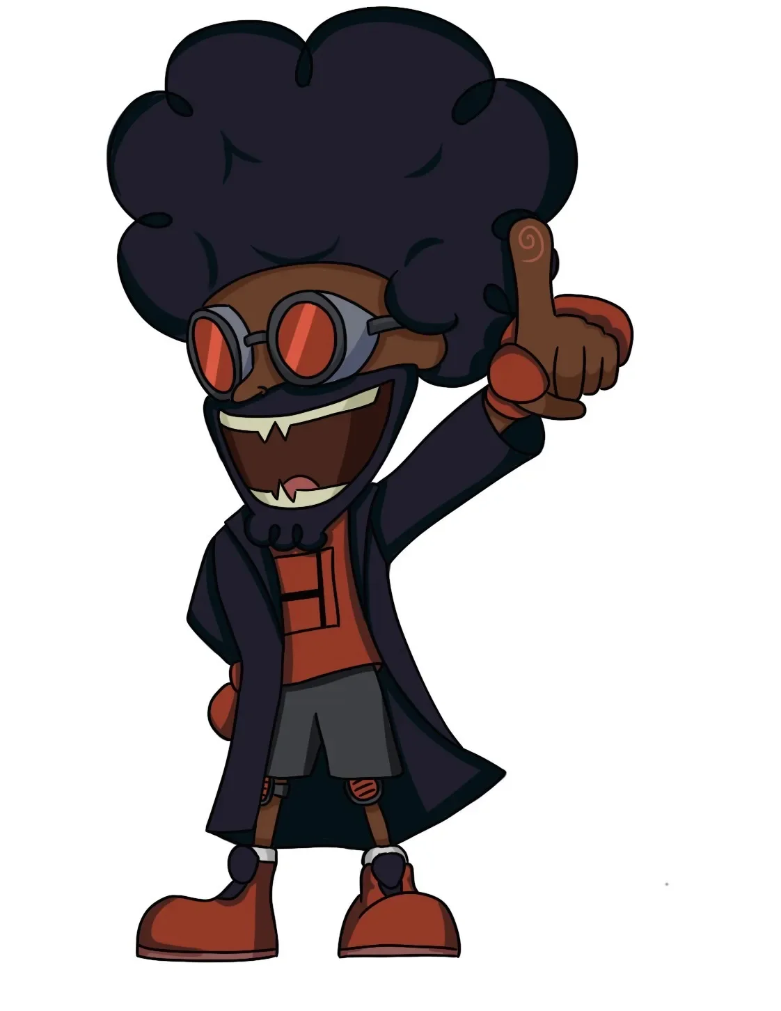 Cartoon character with large afro hair, wearing red goggles, dark coat, red shirt,  and large red boots, pointing upward.