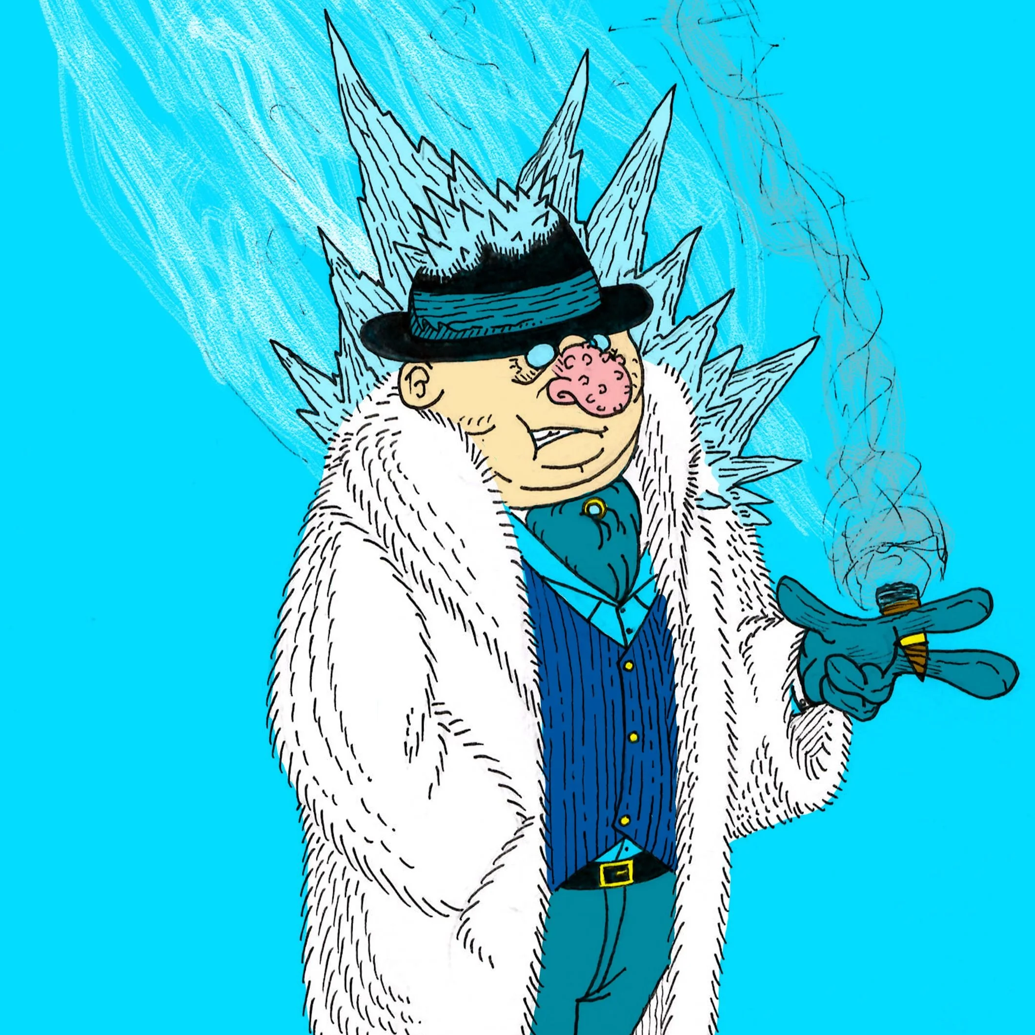 Cartoon man dressed in a fur coat, wearing sunglasses, a fedora, and smoking a cigar smoke with icy spikes behind him.