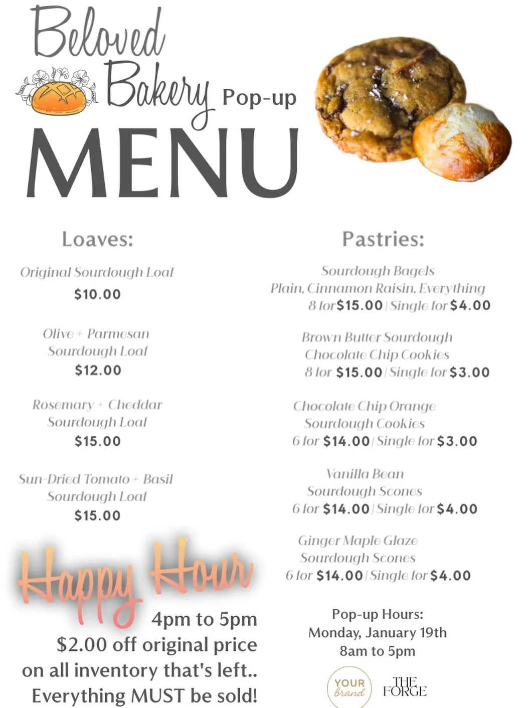 Just like we promised, our pop-up menu for a week from today, Monday January 19th 8am to 5pm at @theforgesalem hosted by @yourbrand_salem ✨ we will have product to sell, samples, + raffles!