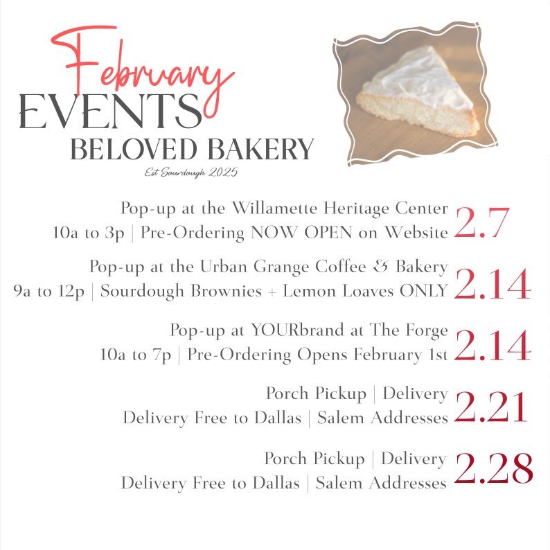 🗓️ FEBRUARY EVENTS✨

2.7 Pop-up at @whc_heritage | 10a to 3p 
We will be located at the front office | Pre-Orders are LIVE NOW! Free admission to shop + explore their 5 beautiful acres.

2.14 Sourdough Valentine Brownie + Lemon Loaf Pop-up at @urban