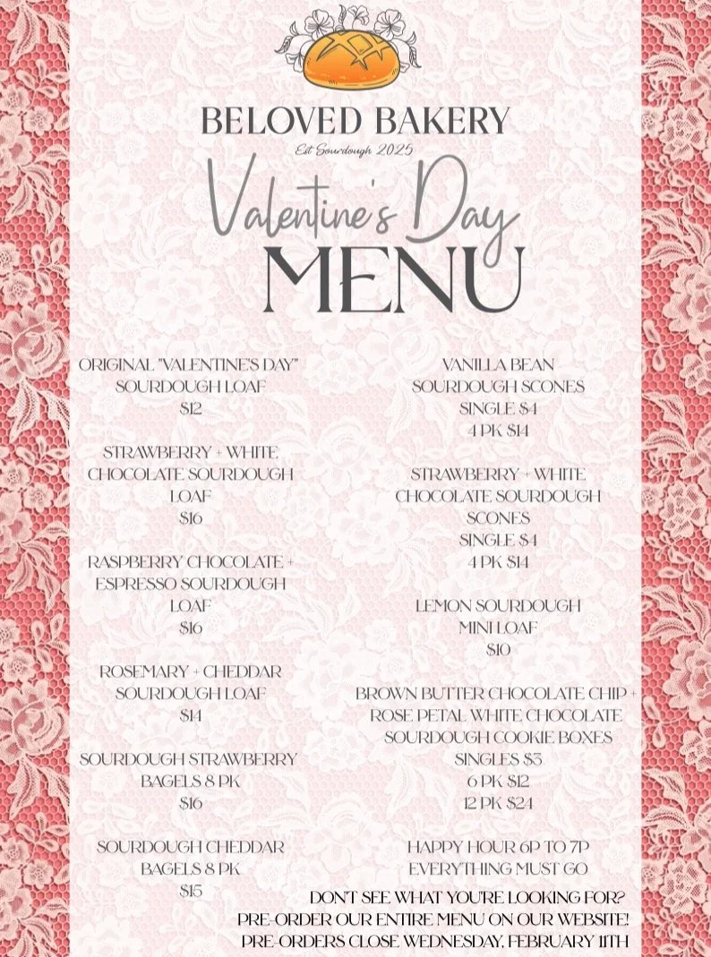 🤍PRE-ORDERING IS OFFICIALLY OPEN! 🙌 
Don't see what you're looking for? Order early online and get access to ordering from our FULL menu! 

Pre-ordering closes Wednesday, February 11th.
Belovedbakery.org/order