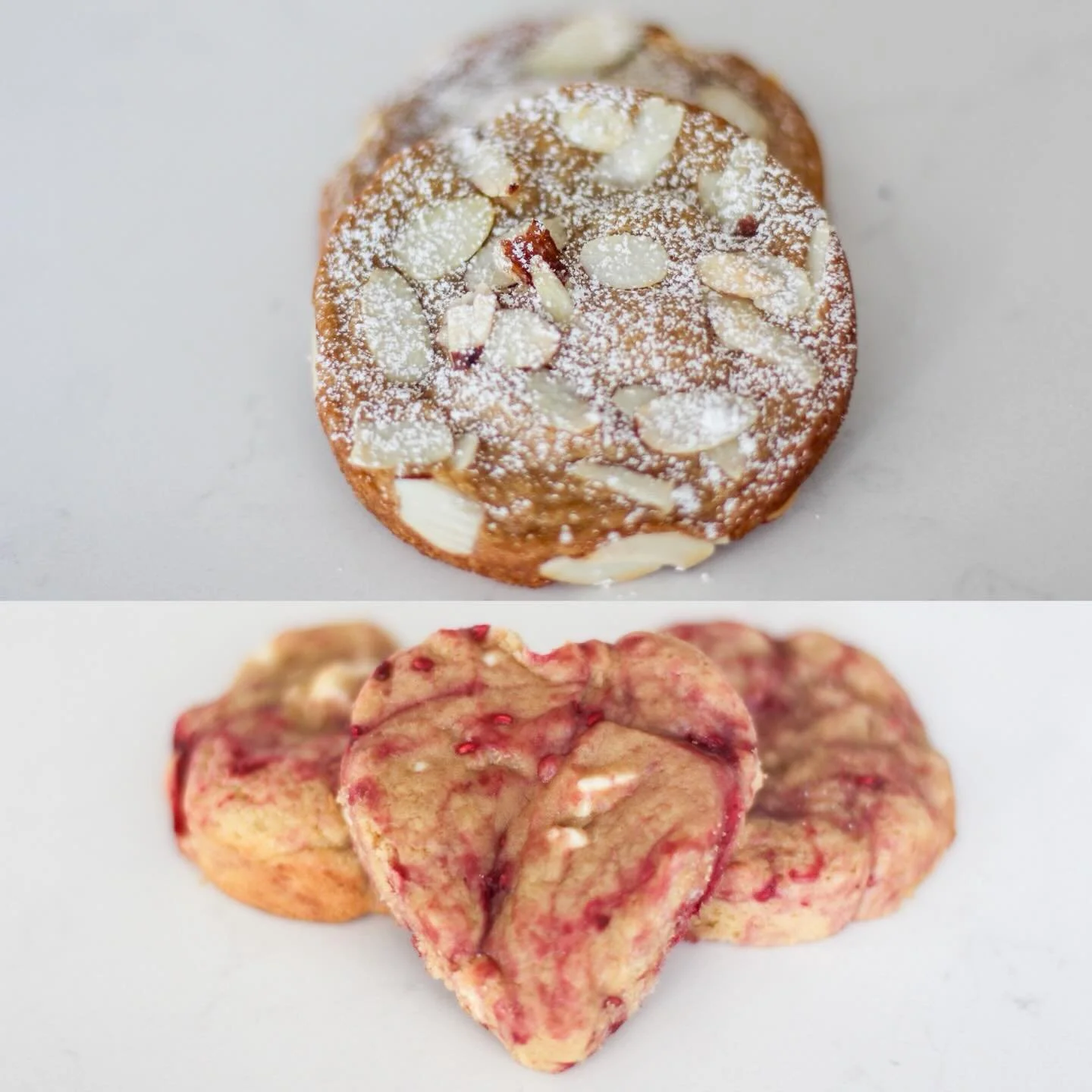 Introducing two new sourdough cookies that will be available at our pop-up tomorrow at @whc_heritage from 10a to 3p + on our website starting at 8p TONIGHT!

&hearts;️ Raspberry White Chocolate Sourdough Cookies
🤍 Almond Croissant Sourdough Cookies 