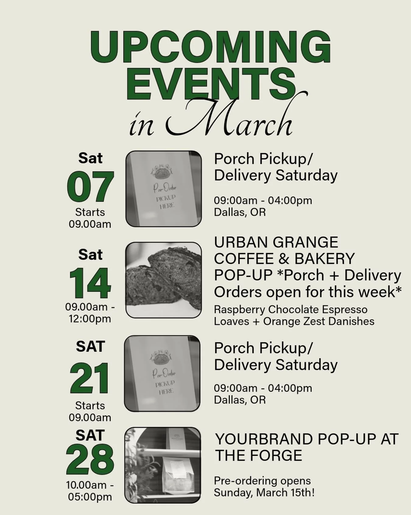 UPCOMING EVENTS FOR BELOVED BAKERY IN MARCH✨

07. 📦🏡 Porch Pickup + Delivery Saturday

14. @urbangrangecoffee Pop-up 🍀 ONLY Raspberry Chocolate Espresso Loaves + Orange Zest Danishes. Still offering 📦🏡 Porch Pickup + Delivery on this Saturday si
