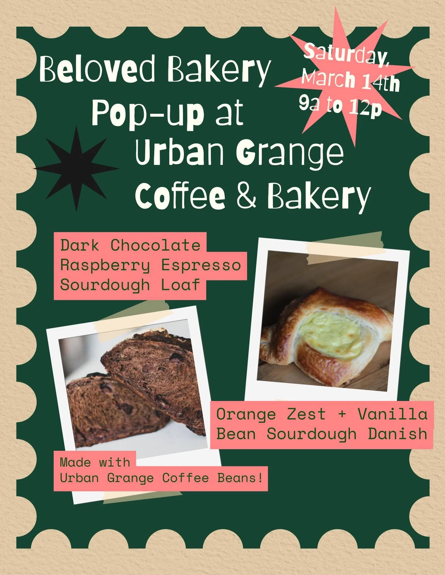 Our flyer for our @urbangrangecoffee pop-up is finally here! 

☘️Saturday, March 14th 9a to 12p✨

Our Dark Chocolate Raspberry Espresso Sourdough Loaf for this pop-up will feature Urban Grange Coffee ☕️ subtle raspberry notes, but the main star of th