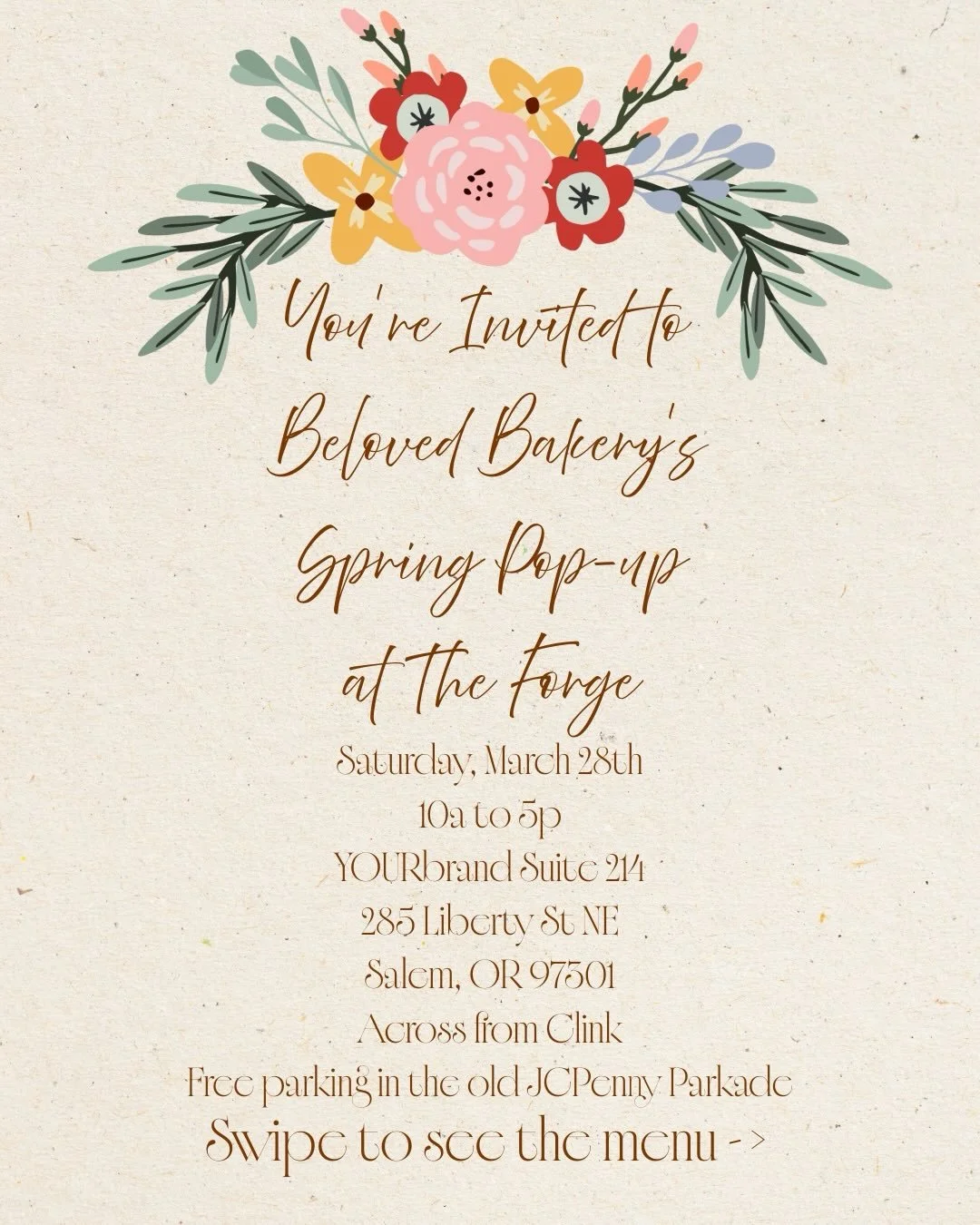 You&rsquo;re Invited to Beloved Bakery&rsquo;s Spring 🌸 Pop-up at The Forge at the YOURbrand Suite ✔️ 
🗓️ Saturday, March 28th 
⏰ 10a to 5p

Swipe to see our menu ->

Don&rsquo;t see what you&rsquo;re looking for? Pre-ordering from our ENTIRE me