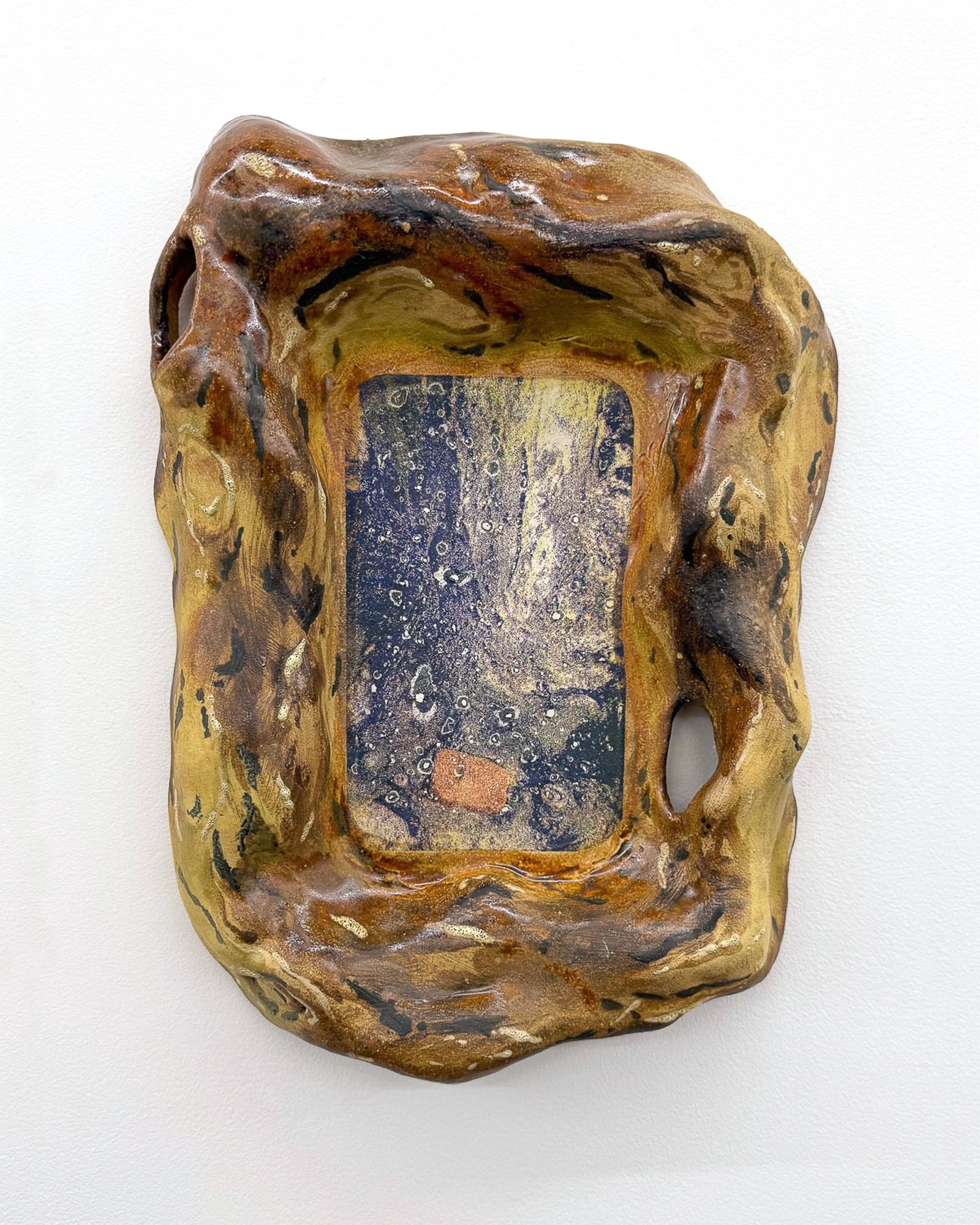 Embodied Infrastructure IV, 2025, 15"×11"×2.5", Glazed ceramic with glaze-based decal created from risograph print