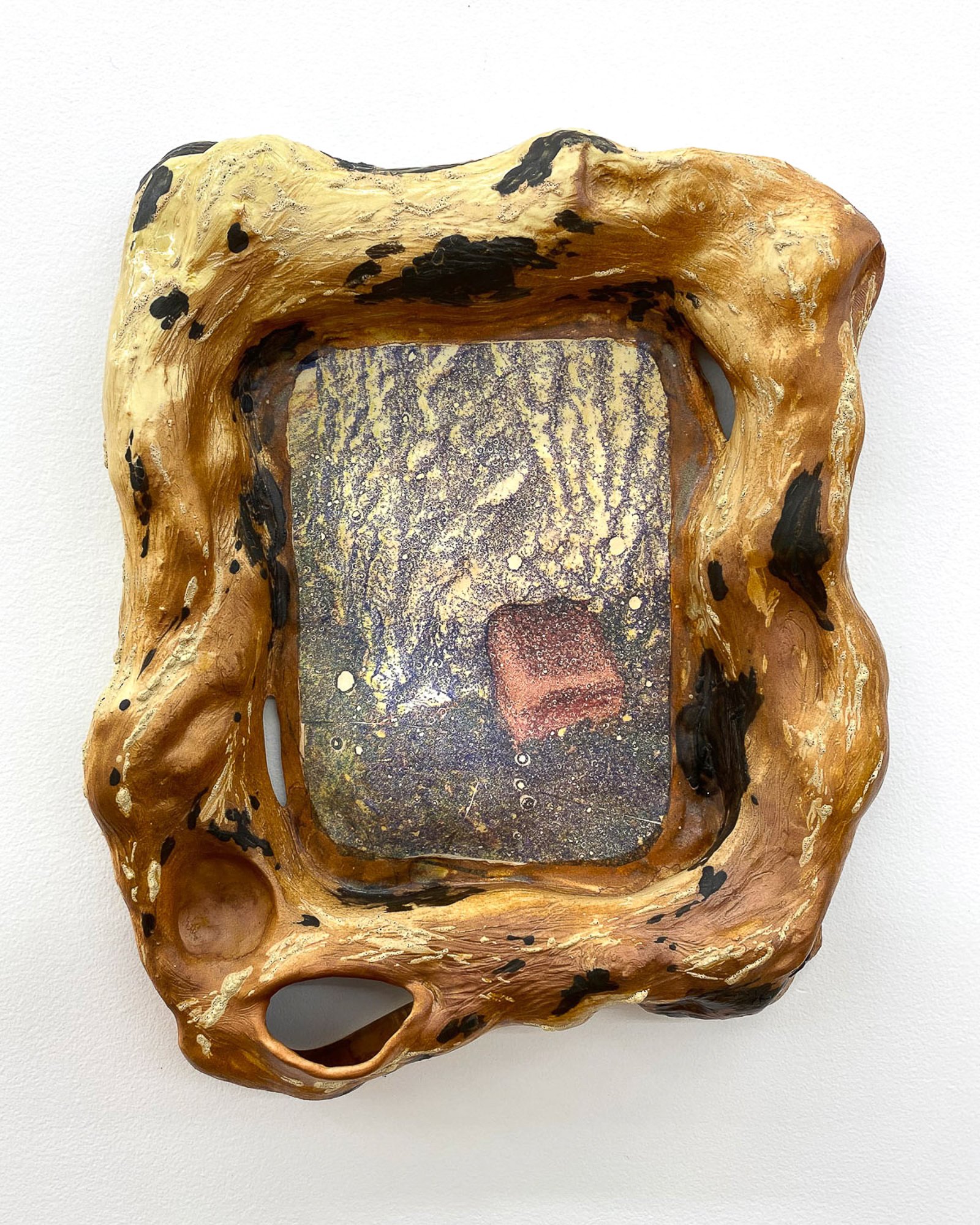 Embodied Infrastructure, 2025, 14"×11"×2.5", Glazed ceramic with glaze decal created from risograph print.