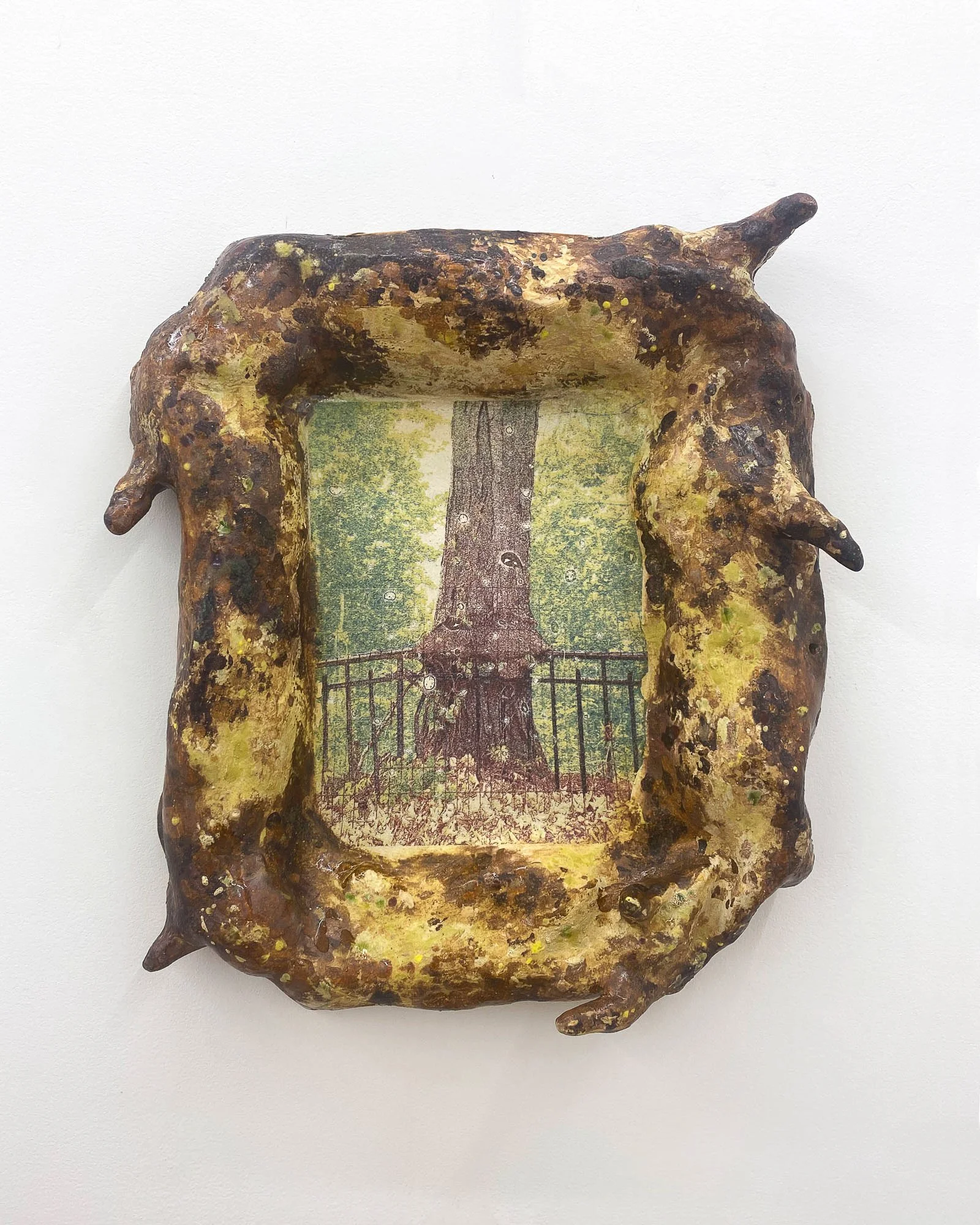 Embodied Infrastructure III, 2025, 17"×15.5"×3", Glazed ceramic with glaze decal created from risograph print