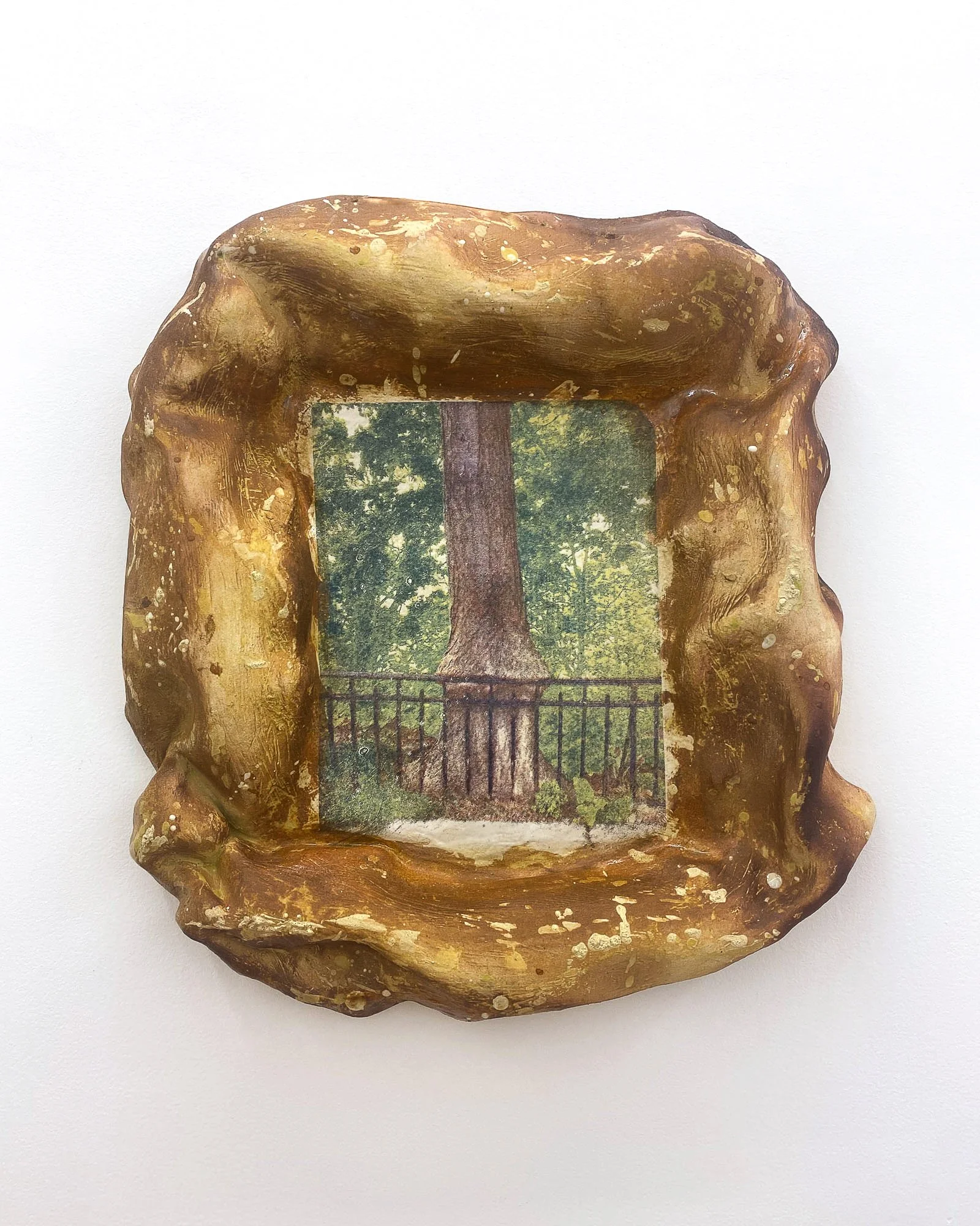 Embodied Infrastructure II, 2025, 17.5"×16"×2.5", Glazed ceramic with glaze decal created from risograph print