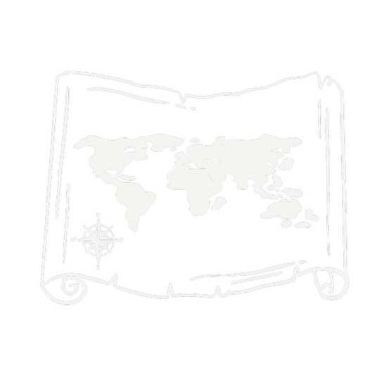 A sketch of a world map on a parchment scroll with a compass rose in the lower left.