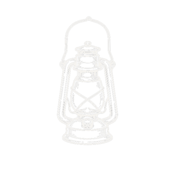 White line drawing of a vintage lantern on a black background.