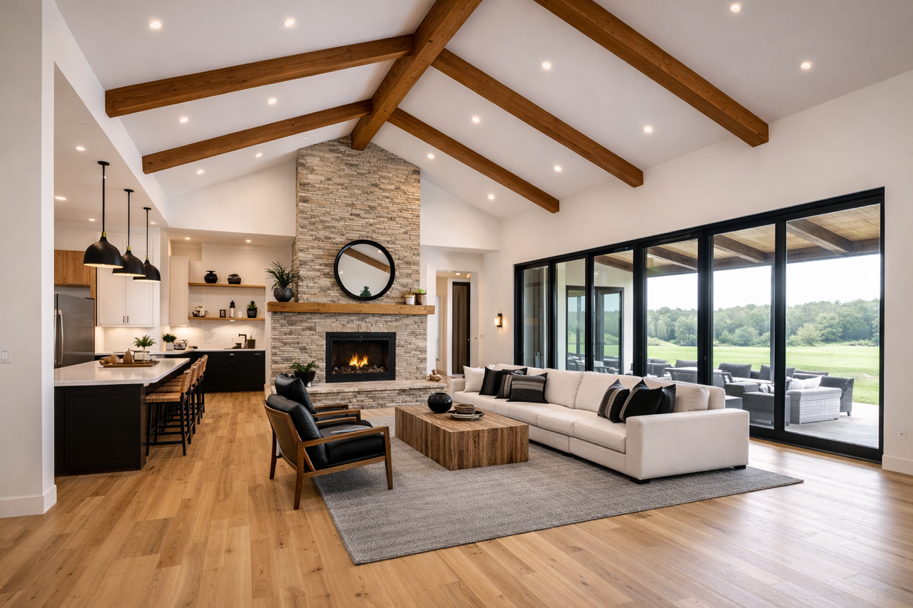 Modern living room with vaulted ceiling, exposed wooden beams, stone fireplace with mirror, large white sectional sofa, black armchairs, wooden coffee table, and sliding glass doors leading to outdoor patio overlooking green landscape.