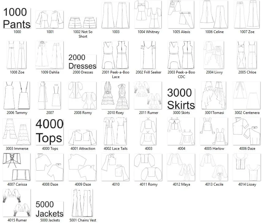 A catalog page displaying fashion pattern sketches for various clothing items, categorized into pants, dresses, skirts, tops, jackets, and vests, each with specific design names and numbers.