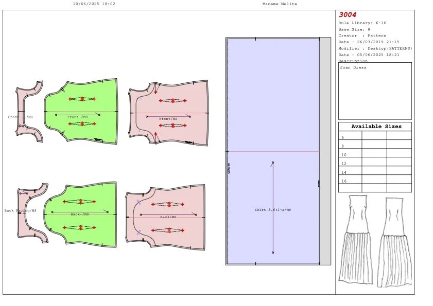 Pattern design sheet for a Joan dress, including front and back pattern pieces, and a skirt piece, with measurement guides and diagrams.