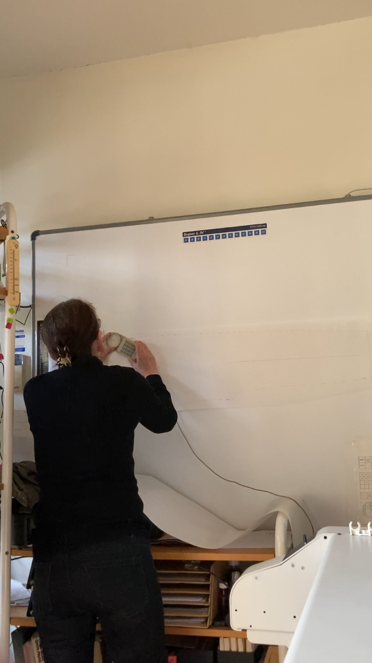 A woman standing in front of a hospital bed, holding a calculator and a round object, likely a medical instrument, near a large whiteboard or projector screen, with medical equipment and papers nearby.