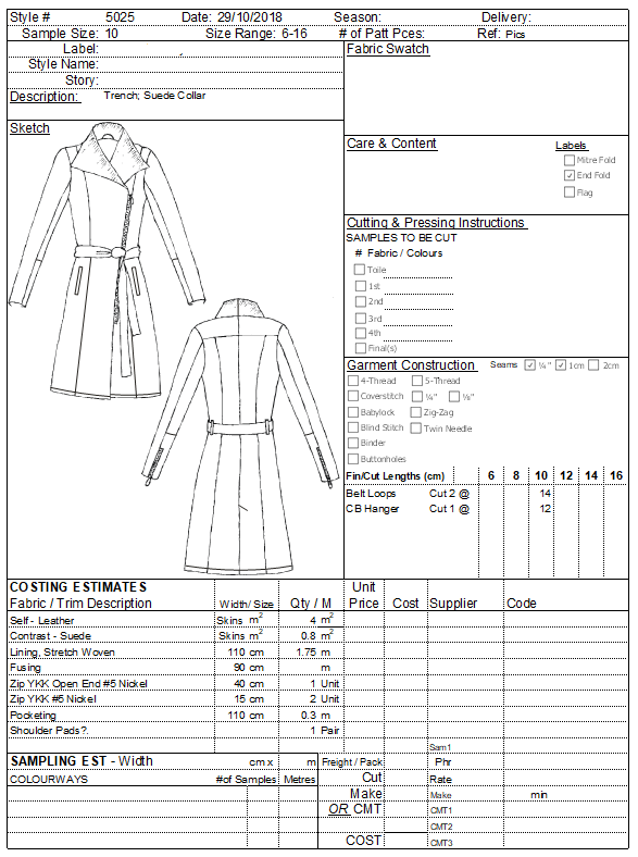 Technical sewing pattern sheet for a trench coat with suede collar, including sketches of the front and back views, fabric and trims details, cutting instructions, garment construction specifications, cost estimates, and sampling details.