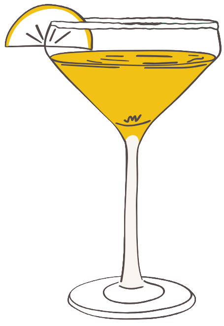 A drawn cocktail with a lemon on the rim.