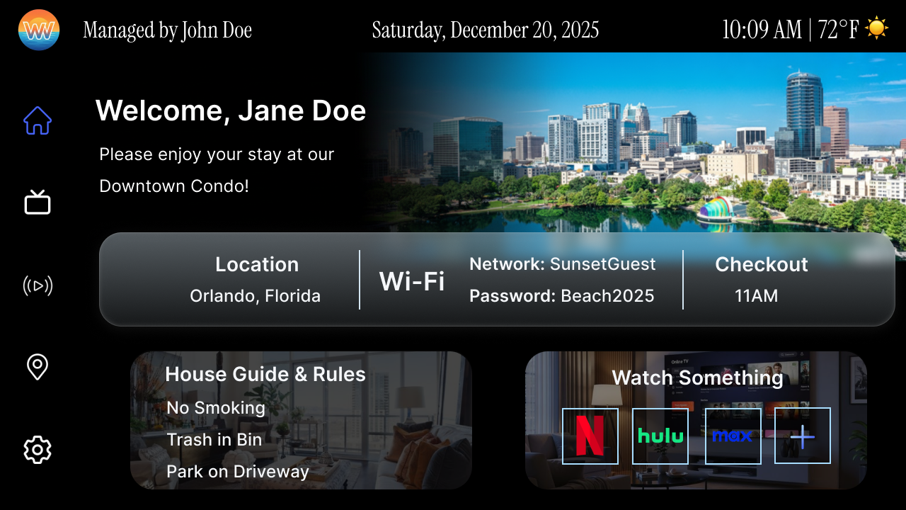 The landing page of WelcomeVibe. Displayed is a welcome message, along with the house guide and rules, video streaming services, and basic information for the guest.
