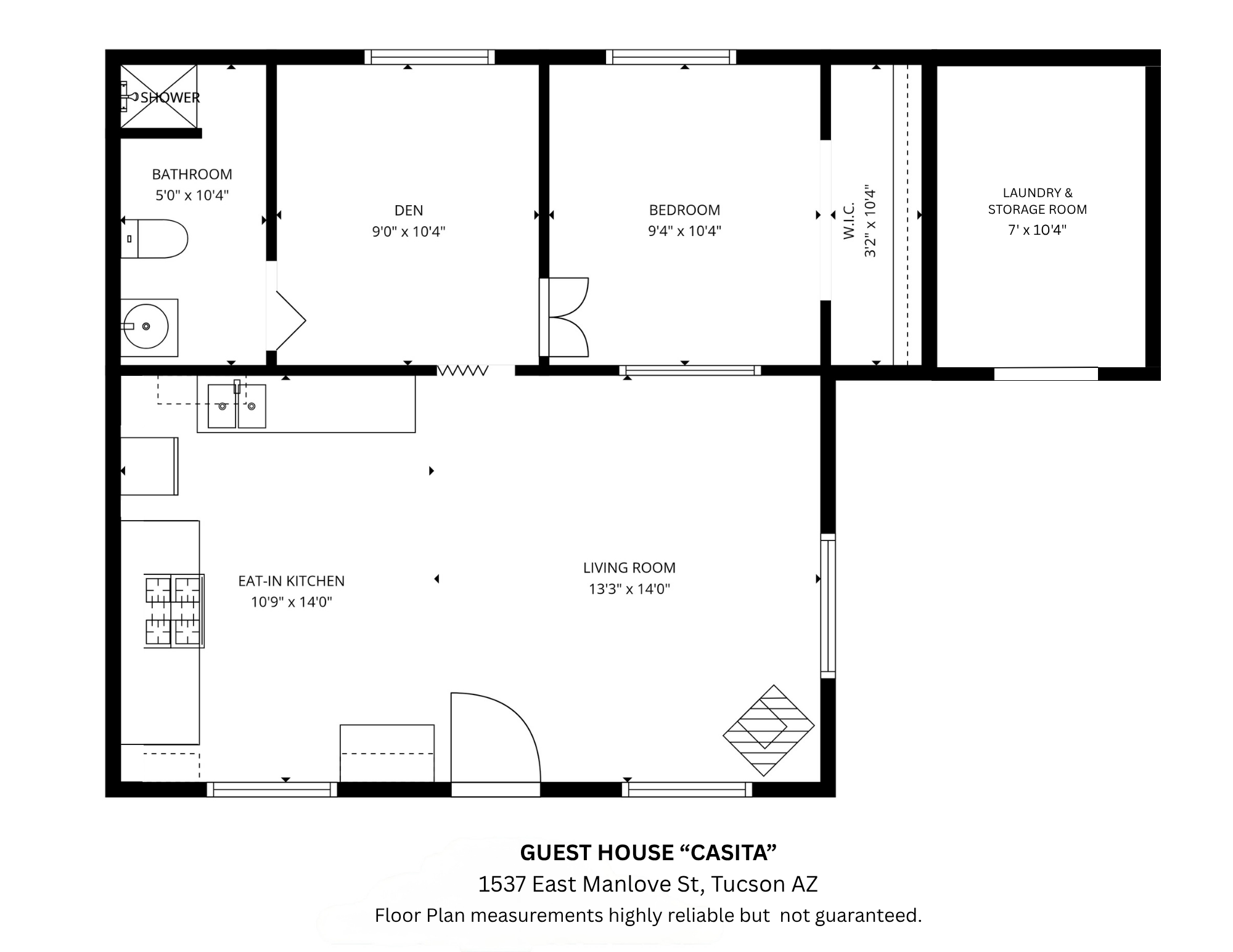 Floor plan of a guest house named Casita at 1537 East Manlove St., Tucson AZ, showing rooms including a bathroom with a shower, a den, a bedroom with a walk-in closet, a laundry and storage room, an eat-in kitchen, and a living room.