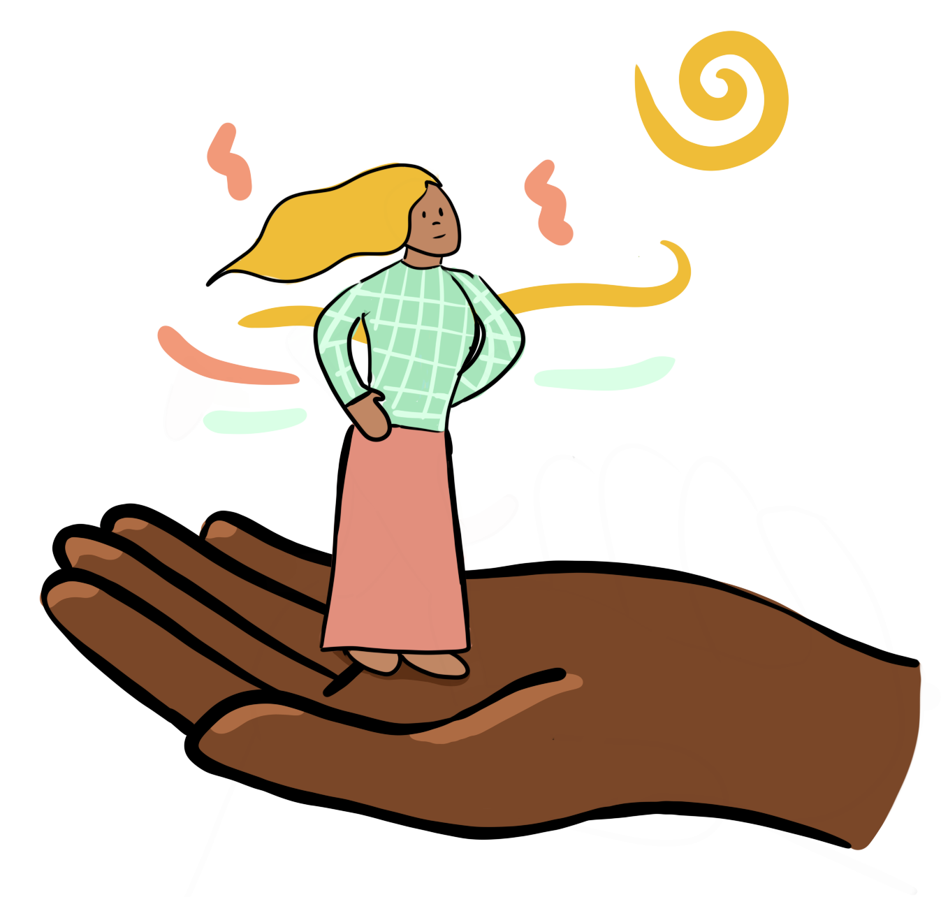 A woman with blonde hair standing on a giant hand, with a colorful abstract background.