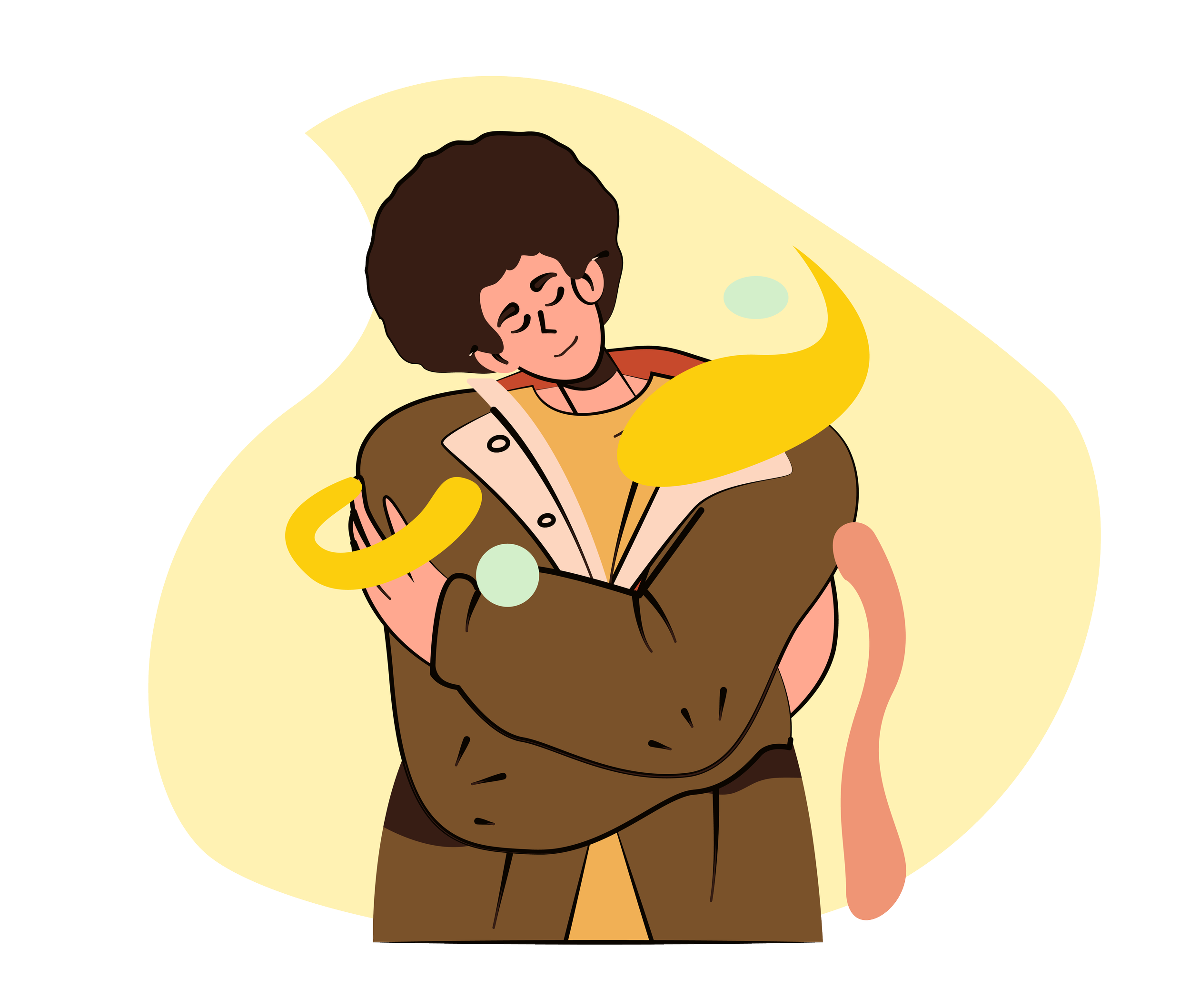 Person with brown hair embracing a person with light brown hair, both smiling, surrounded by yellow and light green abstract shapes.