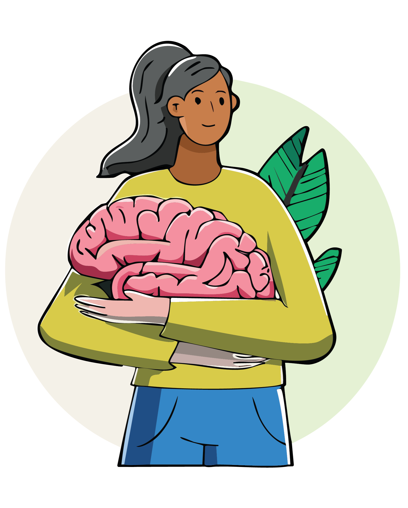 Illustration of a woman holding a large pink brain with green leaves in the background.